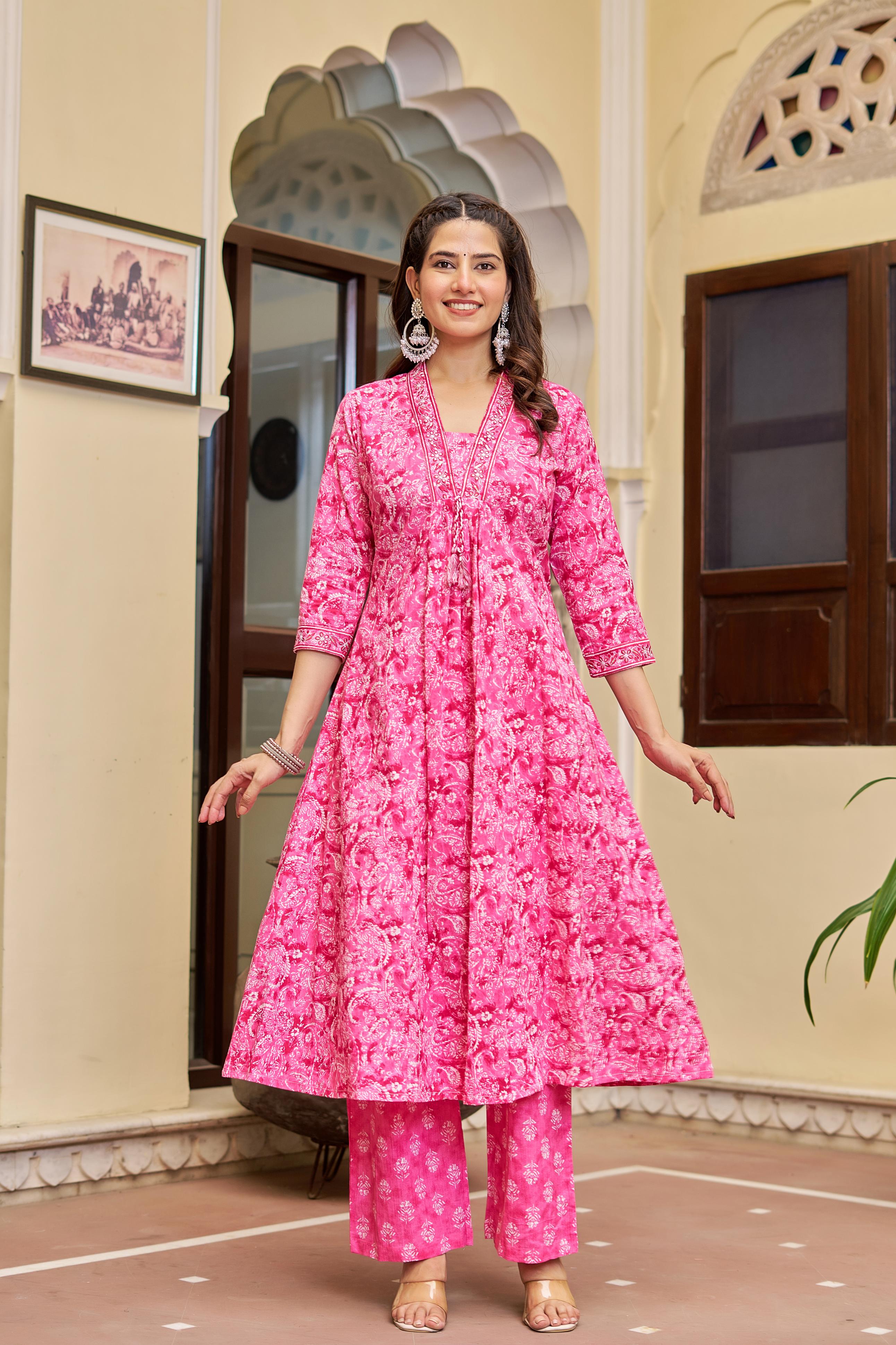 Noorita Pink :- Women's Cotton Kurta Set with Dupatta | Embroidered Neckline & Printed Design