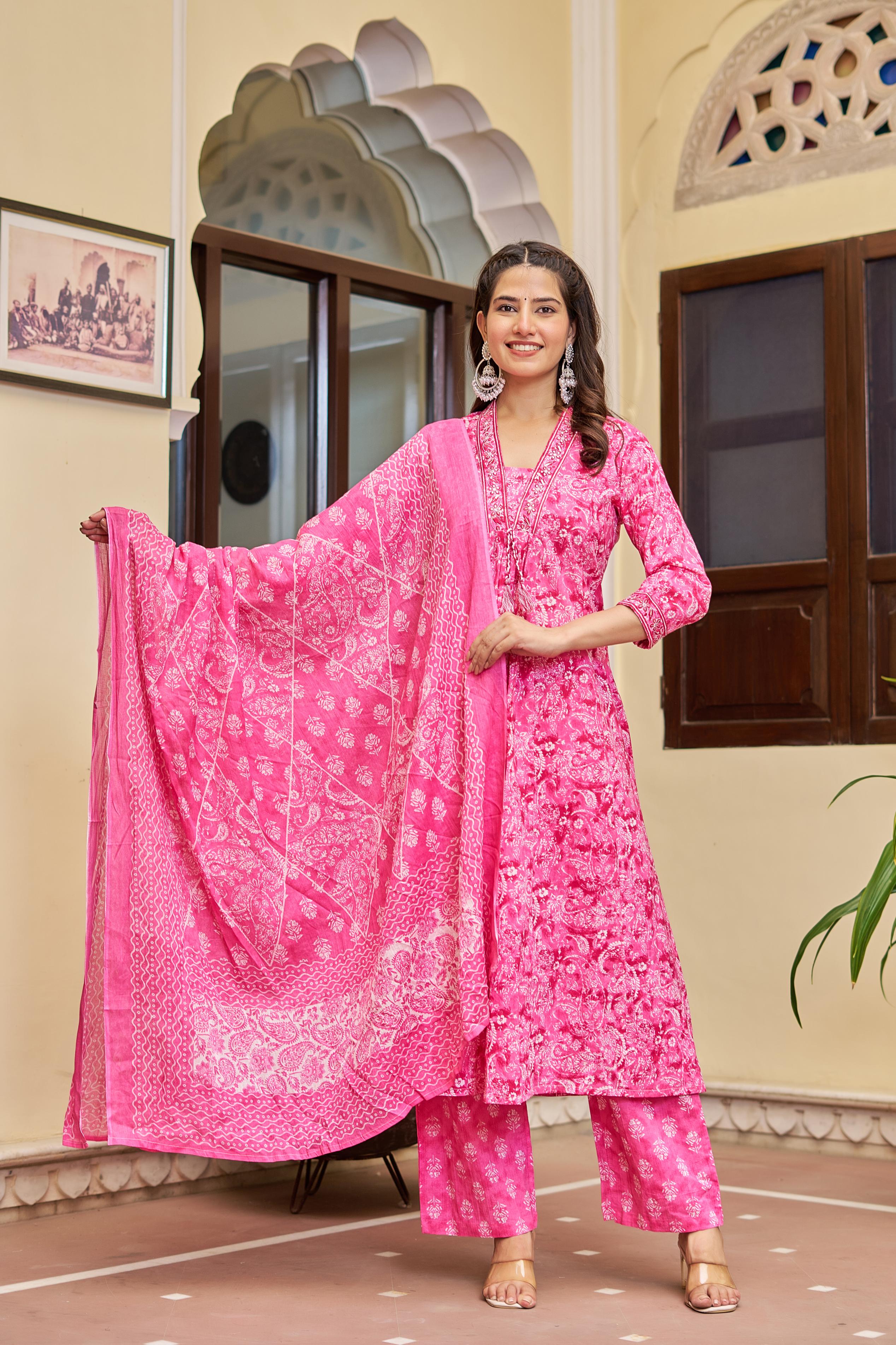 Noorita Pink :- Women's Cotton Kurta Set with Dupatta | Embroidered Neckline & Printed Design
