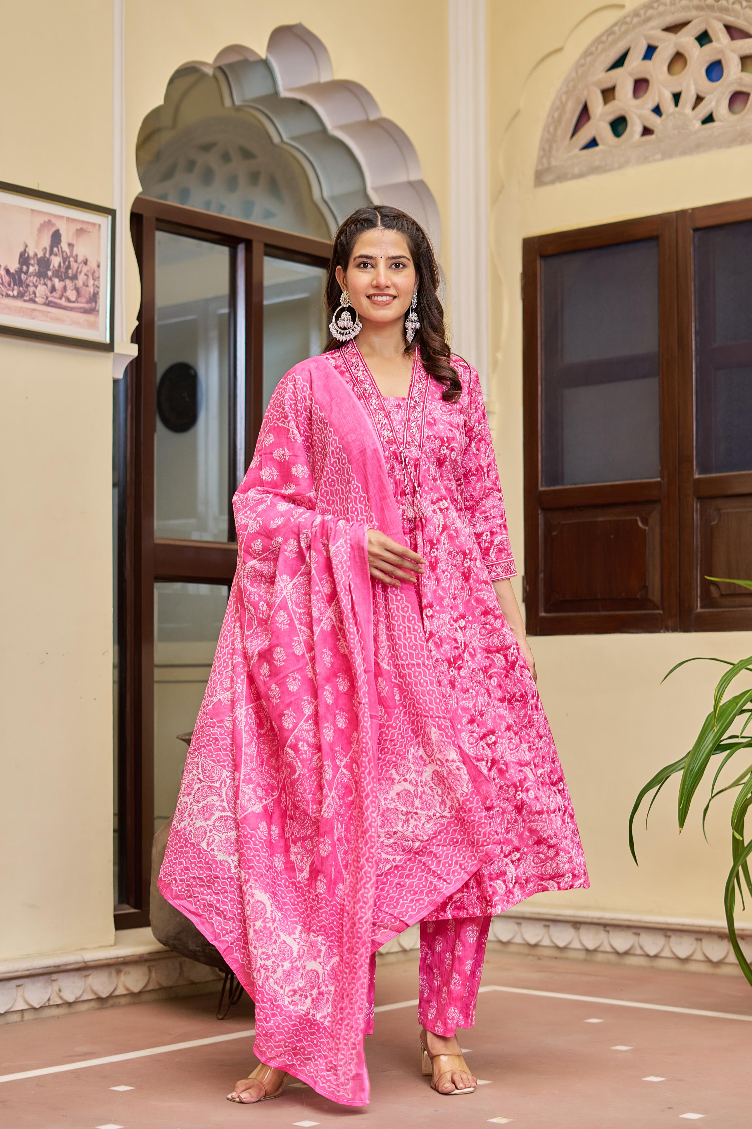 Noorita Pink :- Women's Cotton Kurta Set with Dupatta | Embroidered Neckline & Printed Design