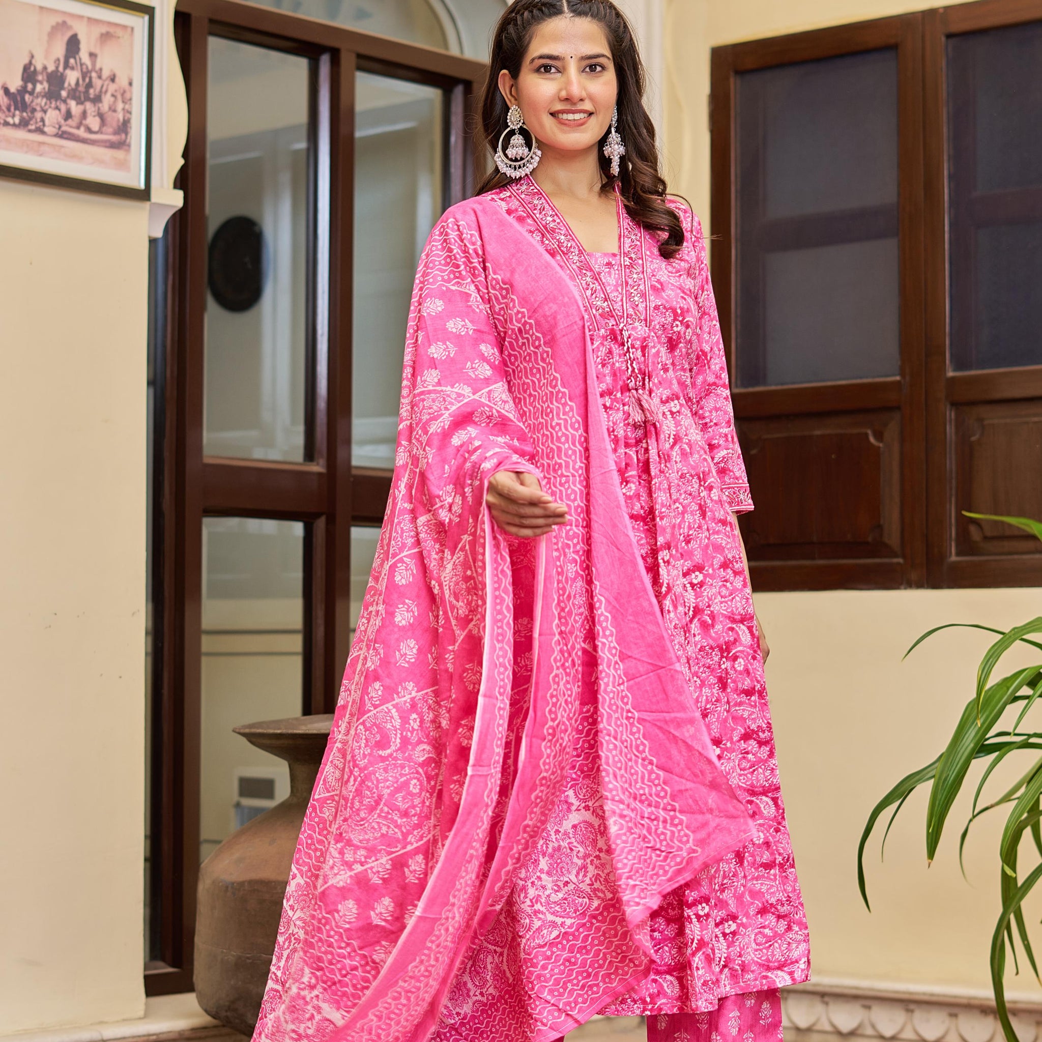 Noorita Pink :- Women's Cotton Kurta Set with Dupatta | Embroidered Neckline & Printed Design