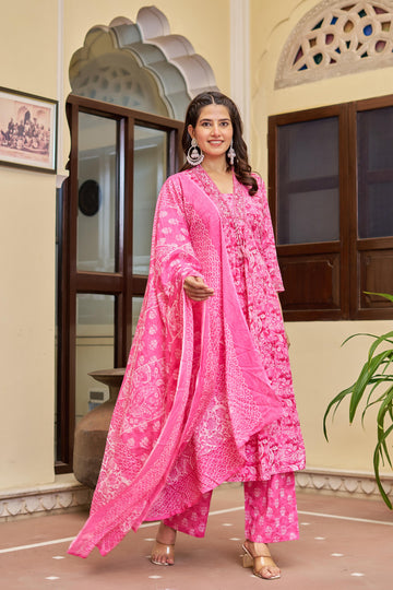 Noorita Pink :- Women's Cotton Kurta Set with Dupatta | Embroidered Neckline & Printed Design