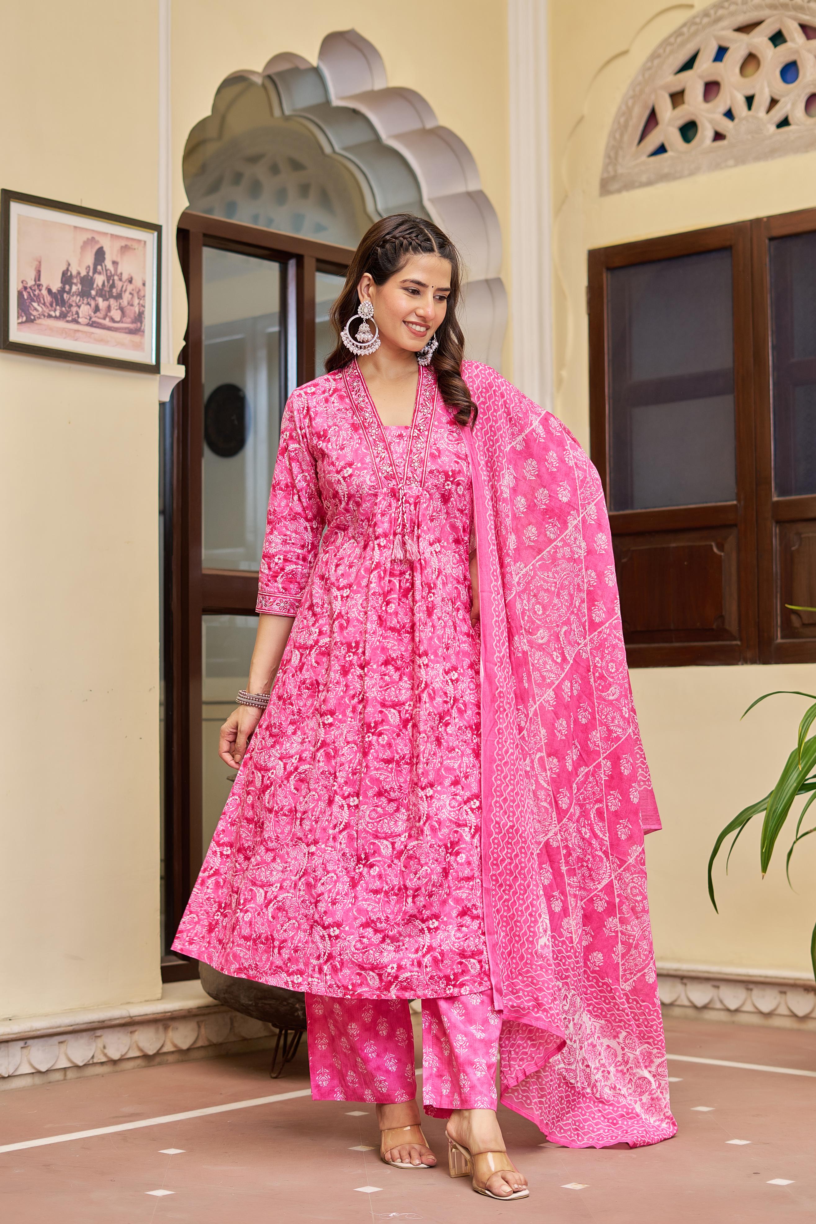 Noorita Pink :- Women's Cotton Kurta Set with Dupatta | Embroidered Neckline & Printed Design