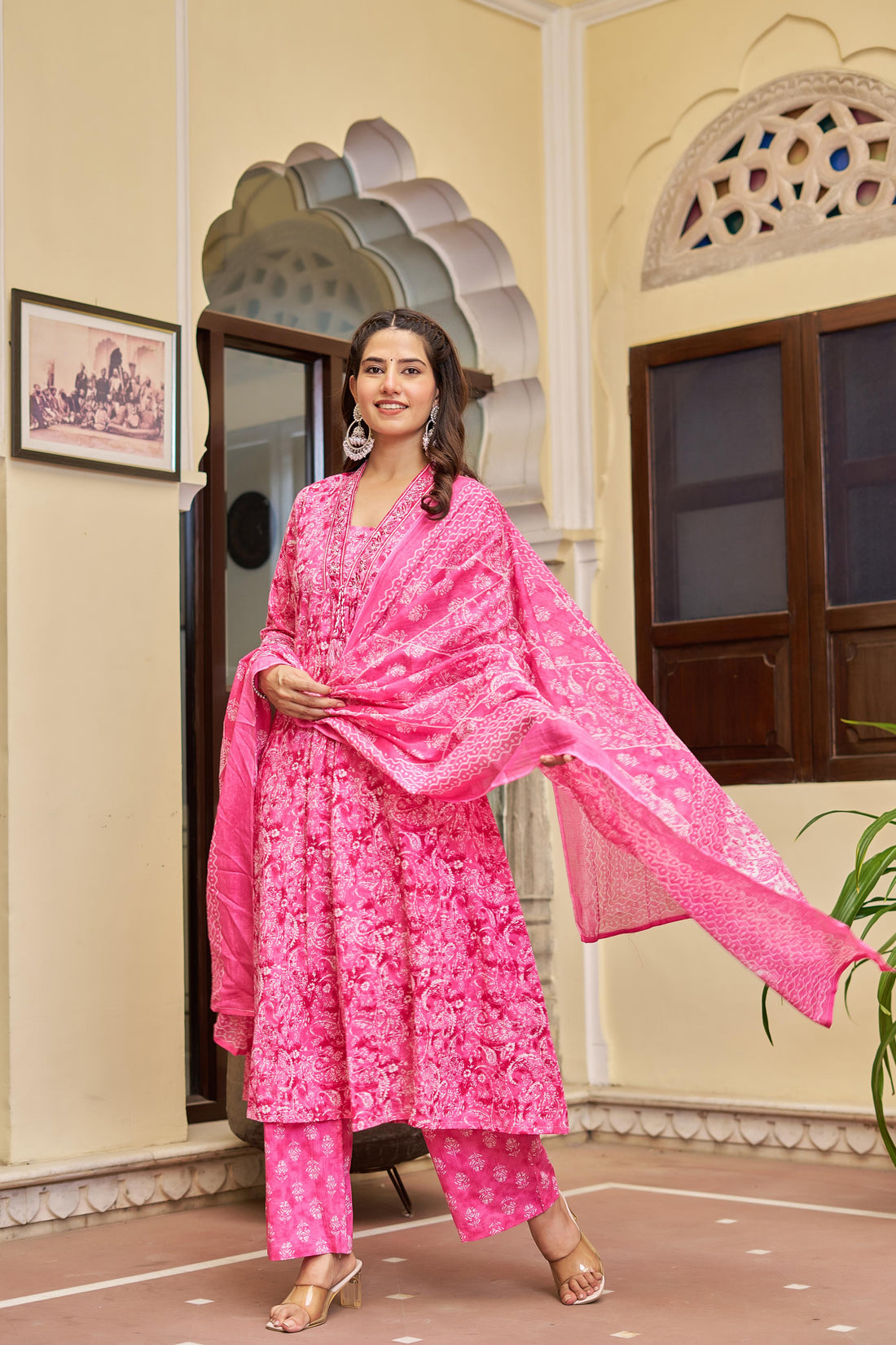 Noorita Pink :- Women's Cotton Kurta Set with Dupatta | Embroidered Neckline & Printed Design