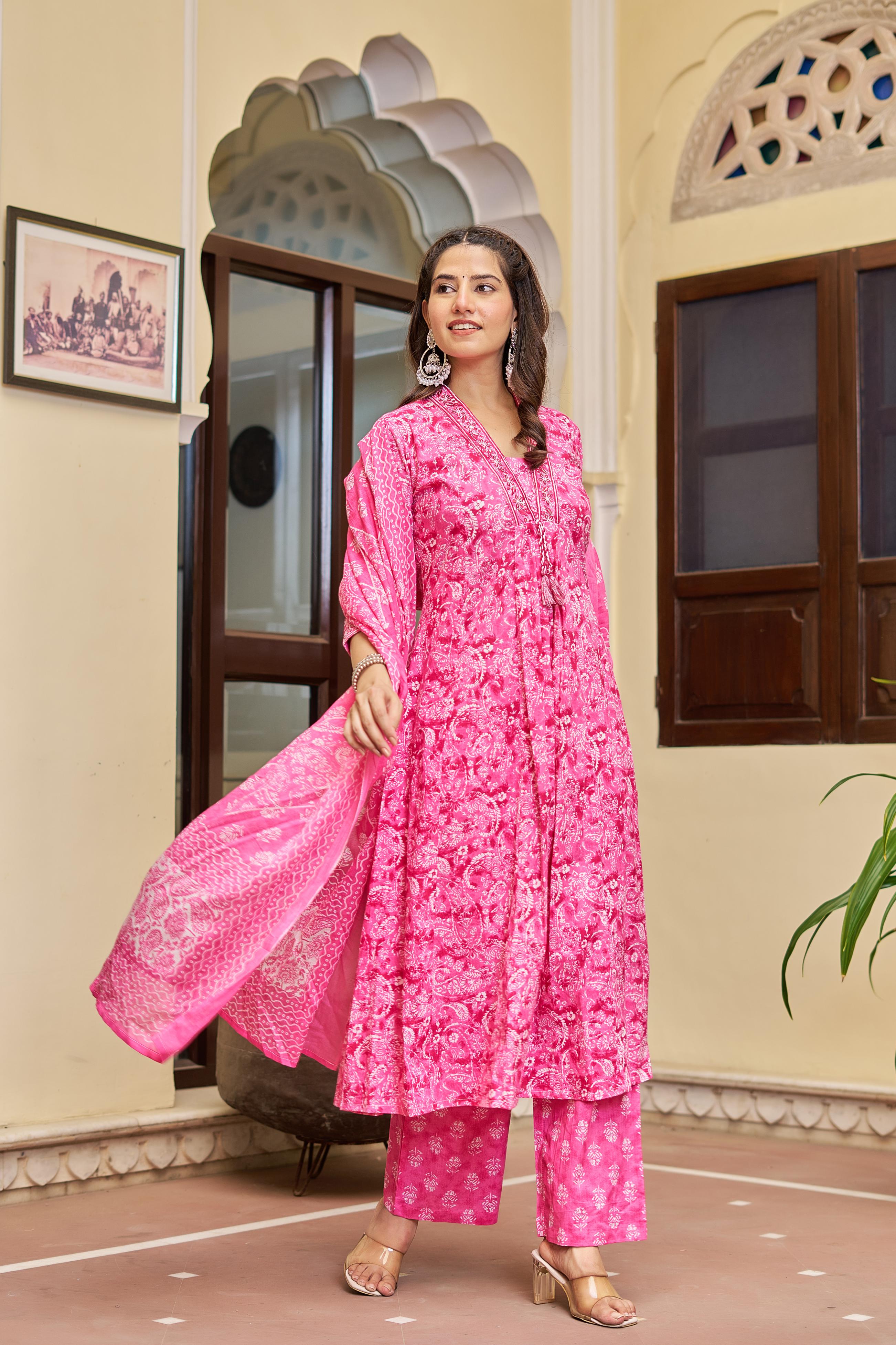 Noorita Pink :- Women's Cotton Kurta Set with Dupatta | Embroidered Neckline & Printed Design