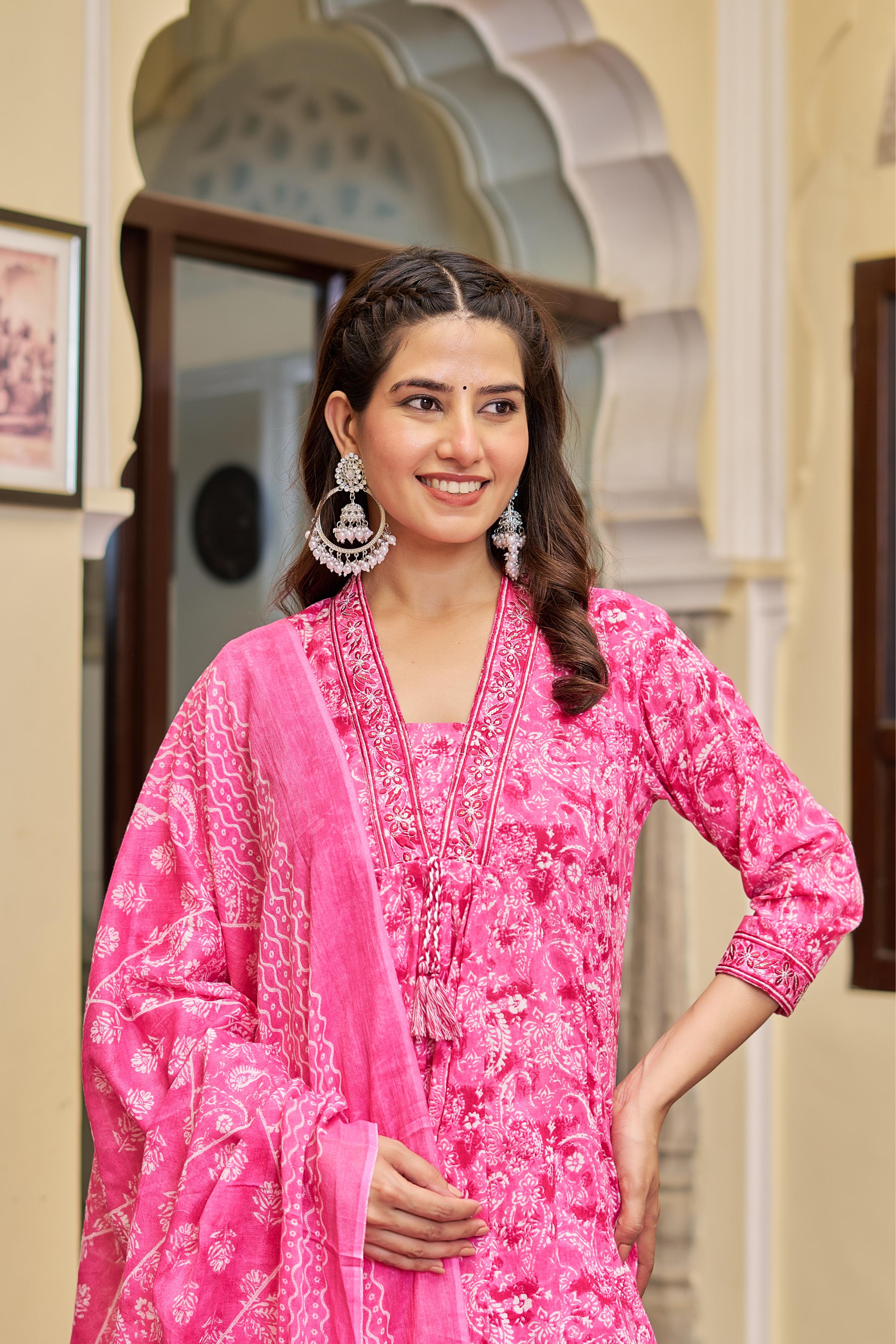 Noorita Pink :- Women's Cotton Kurta Set with Dupatta | Embroidered Neckline & Printed Design