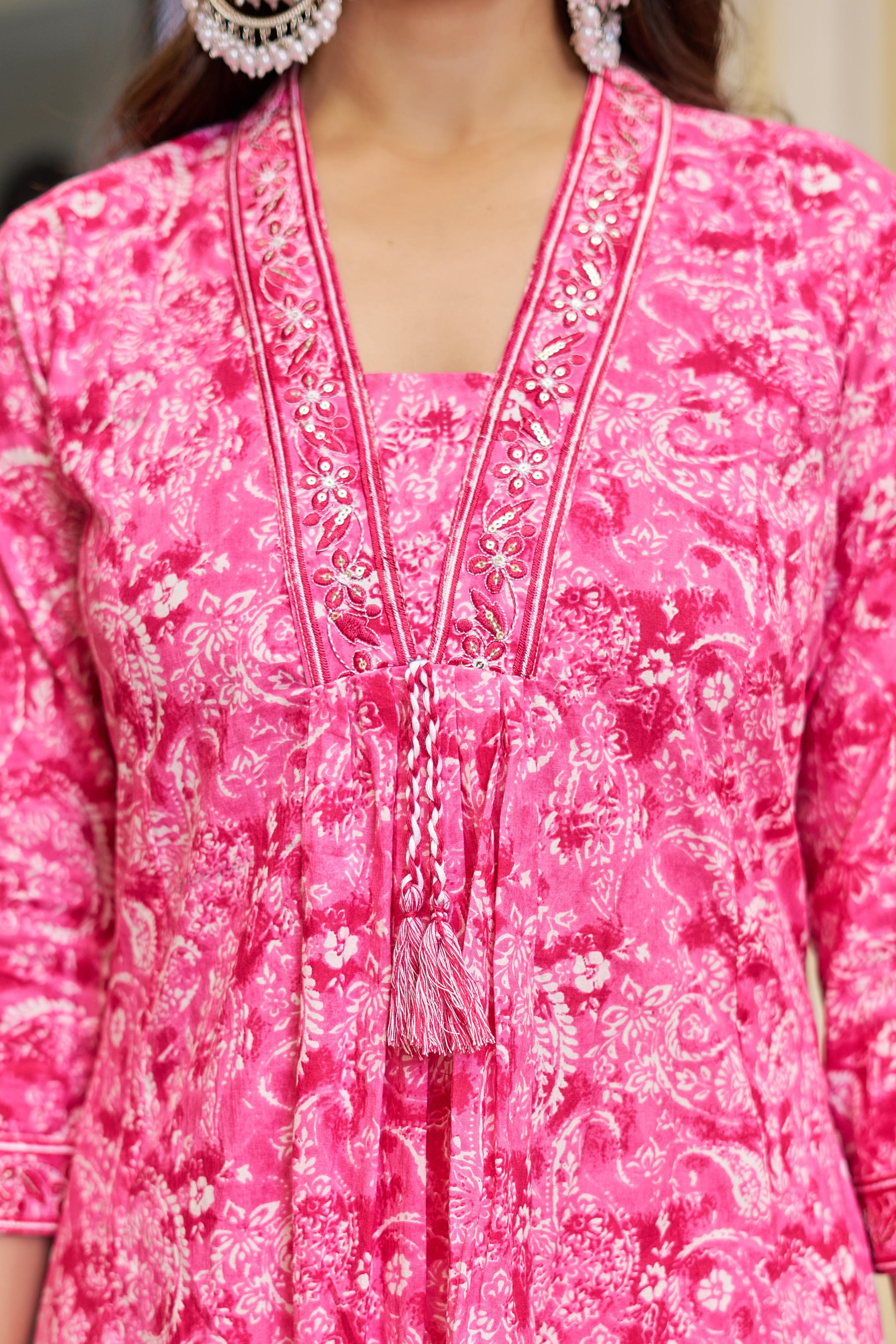 Noorita Pink :- Women's Cotton Kurta Set with Dupatta | Embroidered Neckline & Printed Design