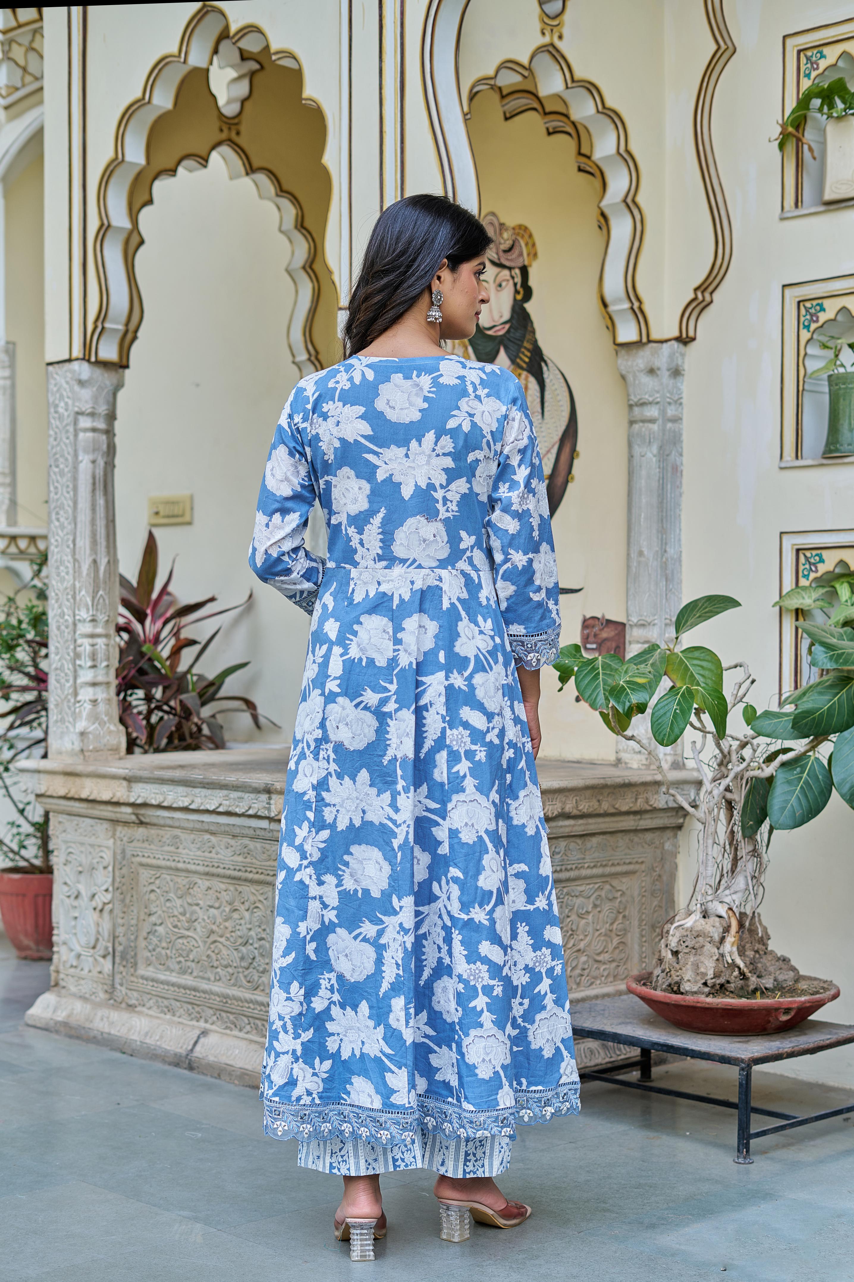 Samaira Sky Blue Cotton Anarkali Set with Dupatta | Floral Embroidery