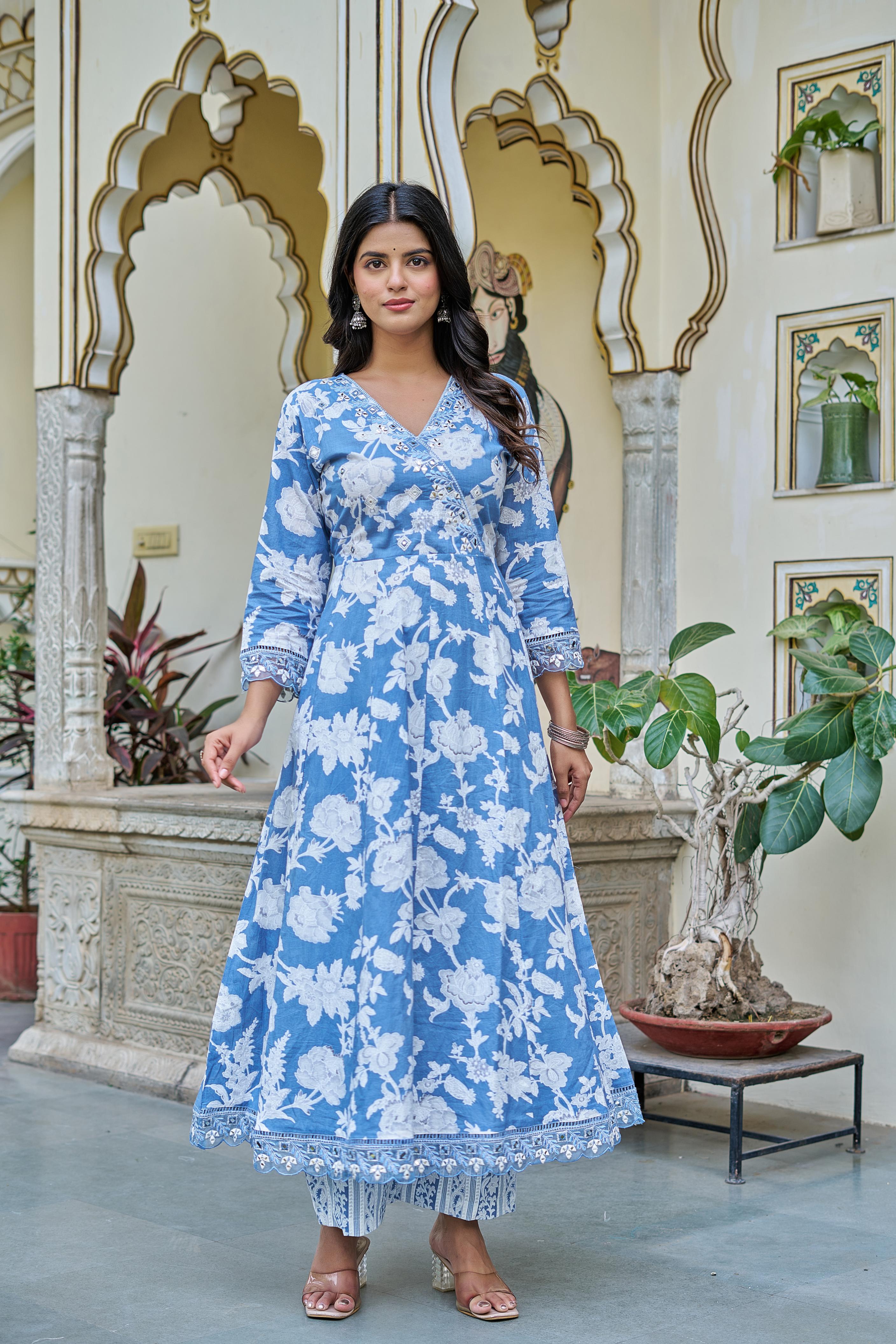 Samaira Sky Blue Cotton Anarkali Set with Dupatta | Floral Embroidery