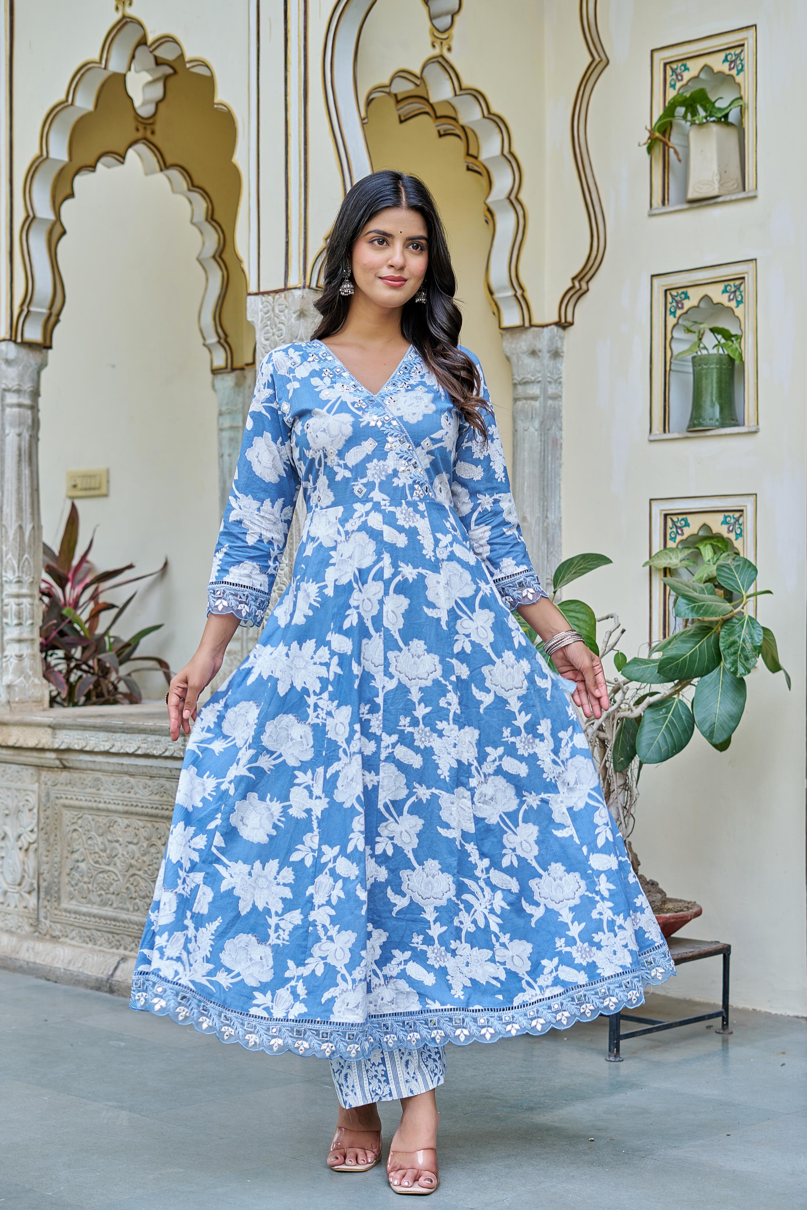 Samaira Sky Blue Cotton Anarkali Set with Dupatta | Floral Embroidery