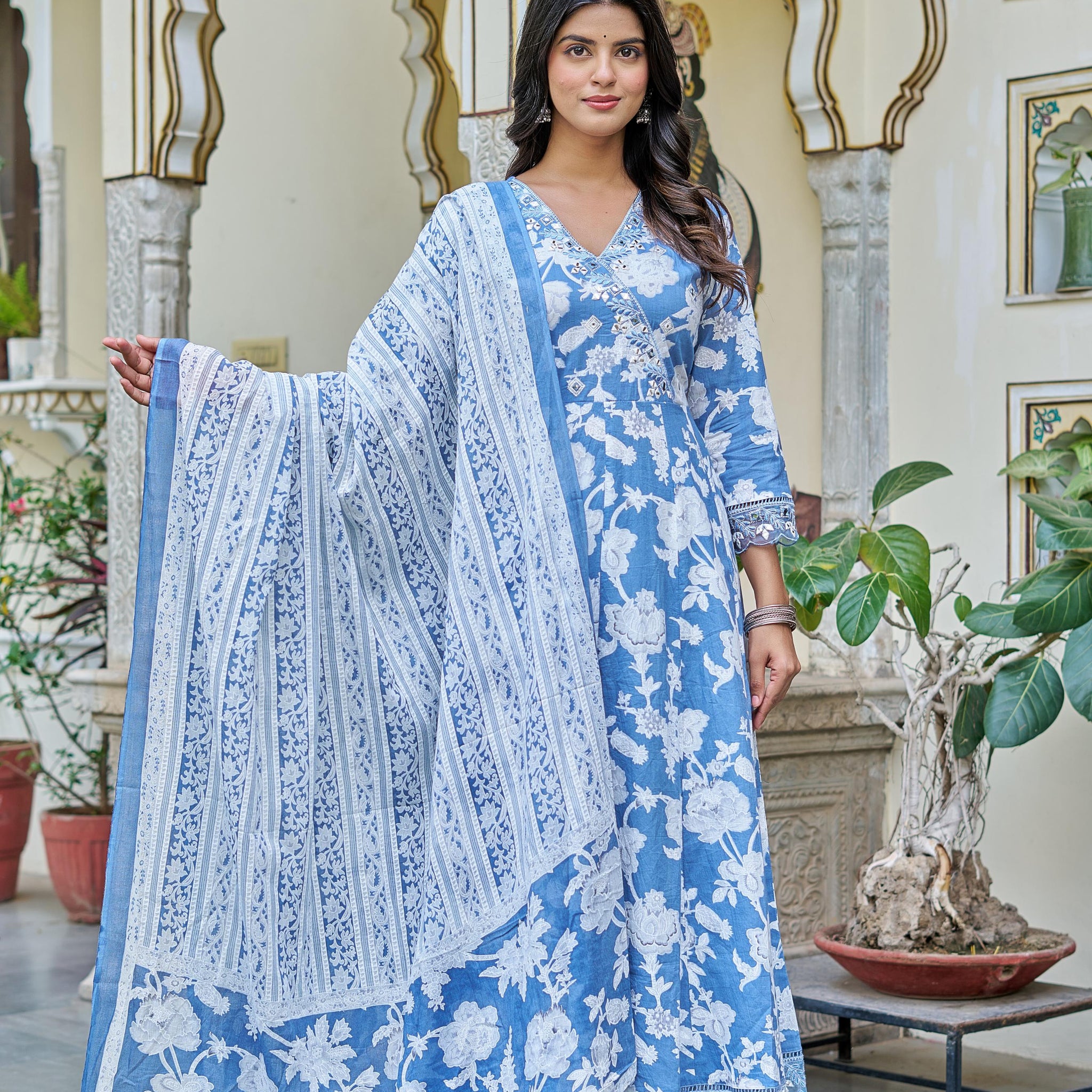 Samaira Sky Blue Cotton Anarkali Set with Dupatta | Floral Embroidery