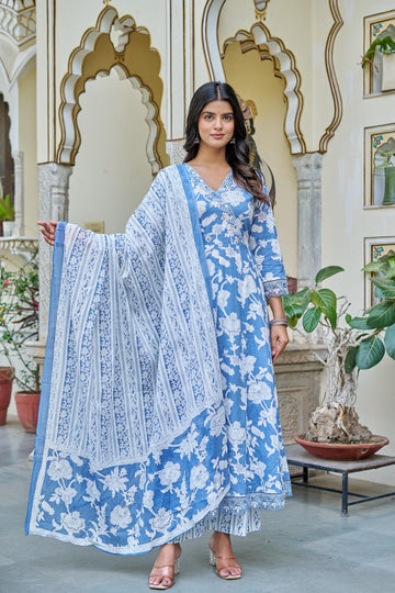 Samaira Sky Blue Cotton Anarkali Set with Dupatta | Floral Embroidery