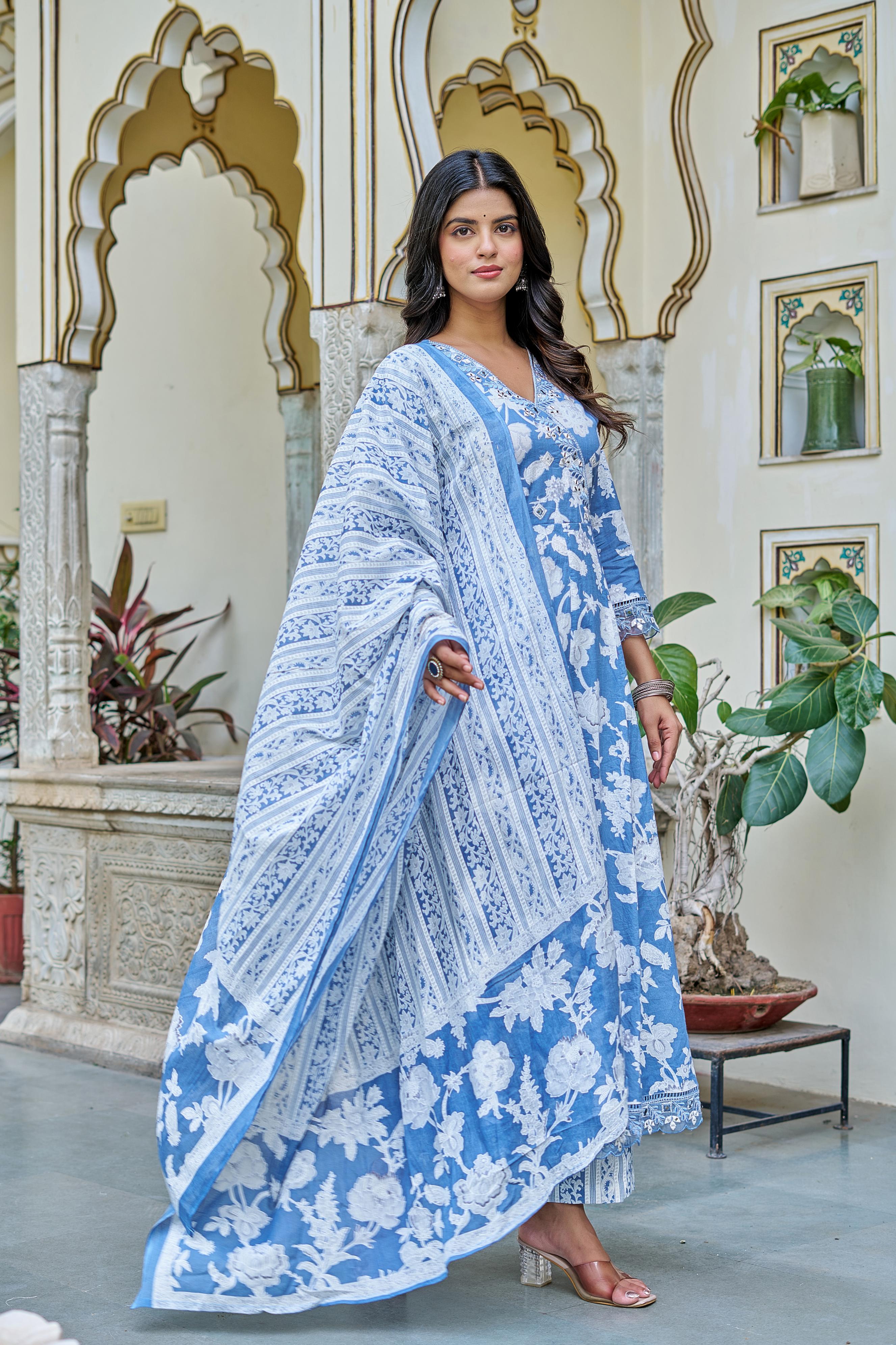 Samaira Sky Blue Cotton Anarkali Set with Dupatta | Floral Embroidery