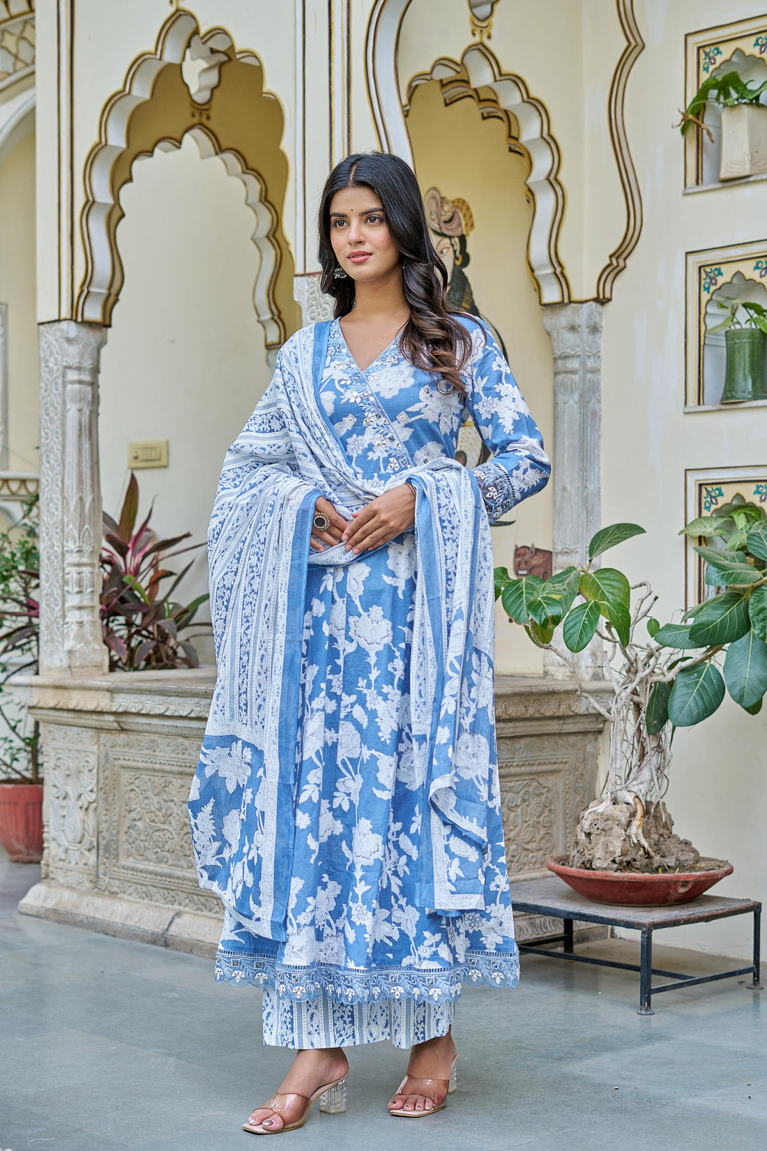 Samaira Sky Blue Cotton Anarkali Set with Dupatta | Floral Embroidery