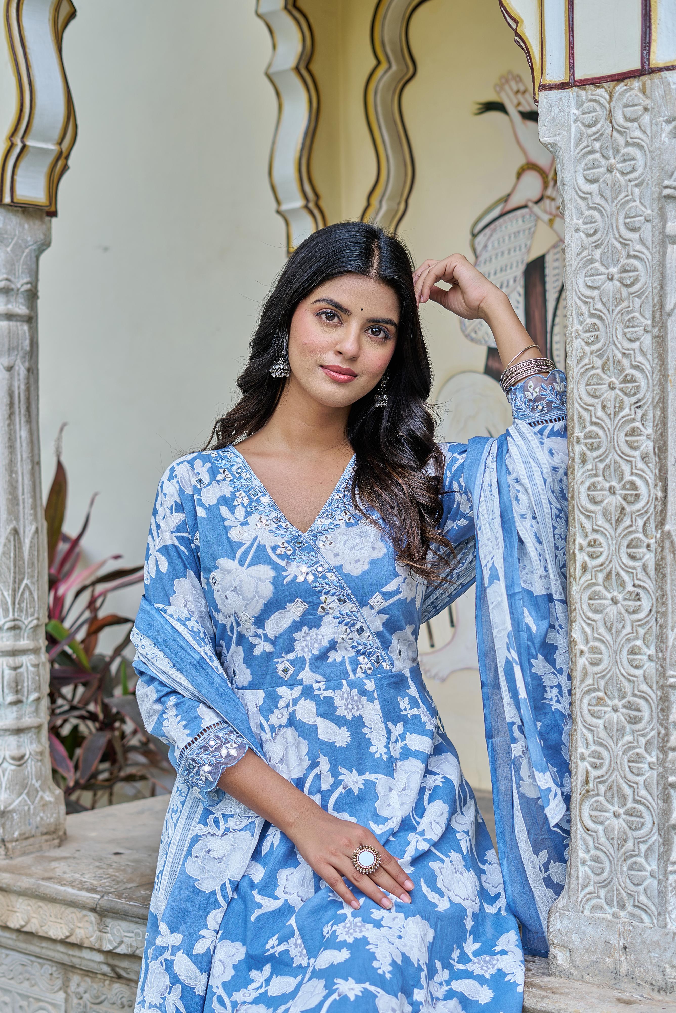 Samaira Sky Blue Cotton Anarkali Set with Dupatta | Floral Embroidery