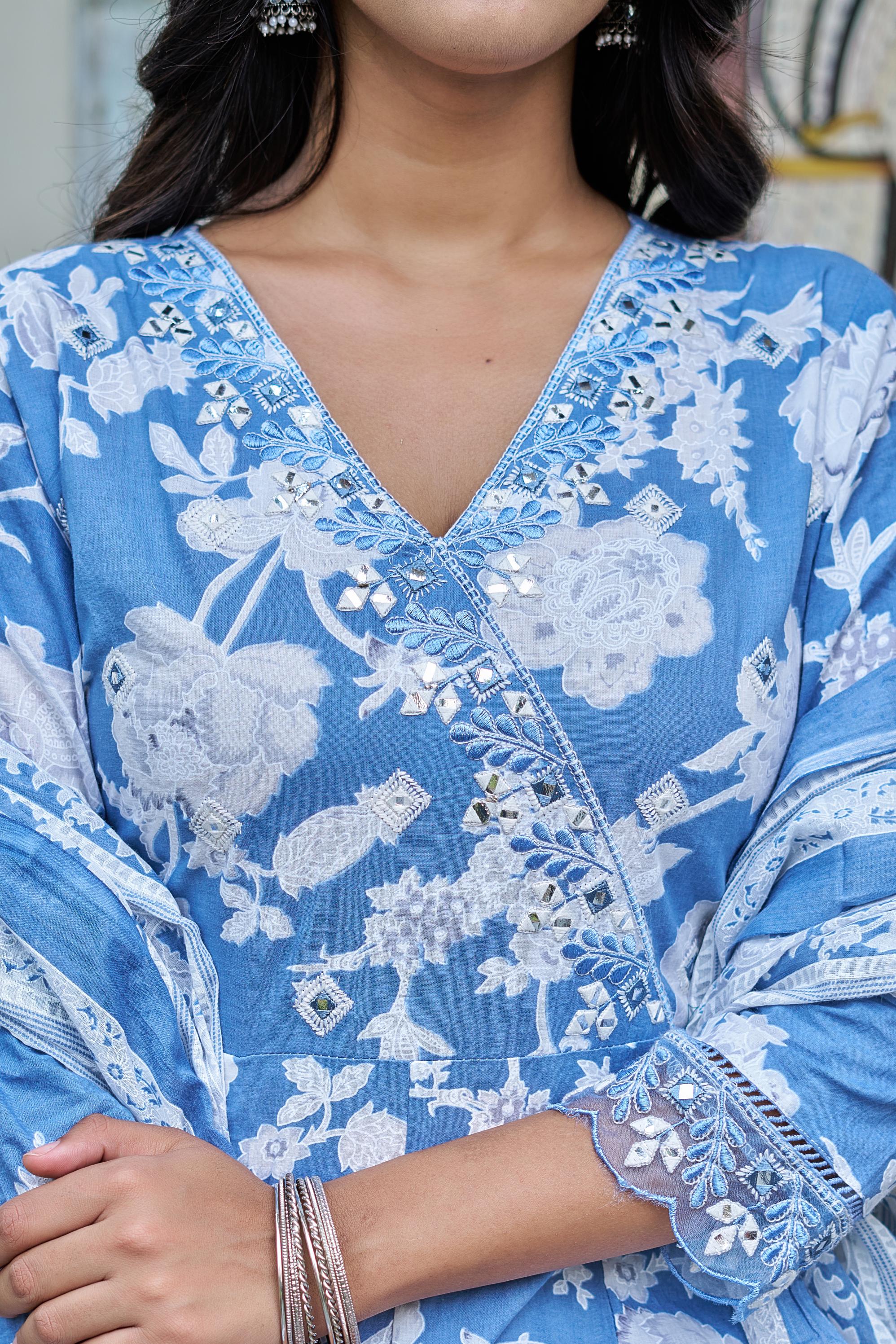 Samaira Sky Blue Cotton Anarkali Set with Dupatta | Floral Embroidery