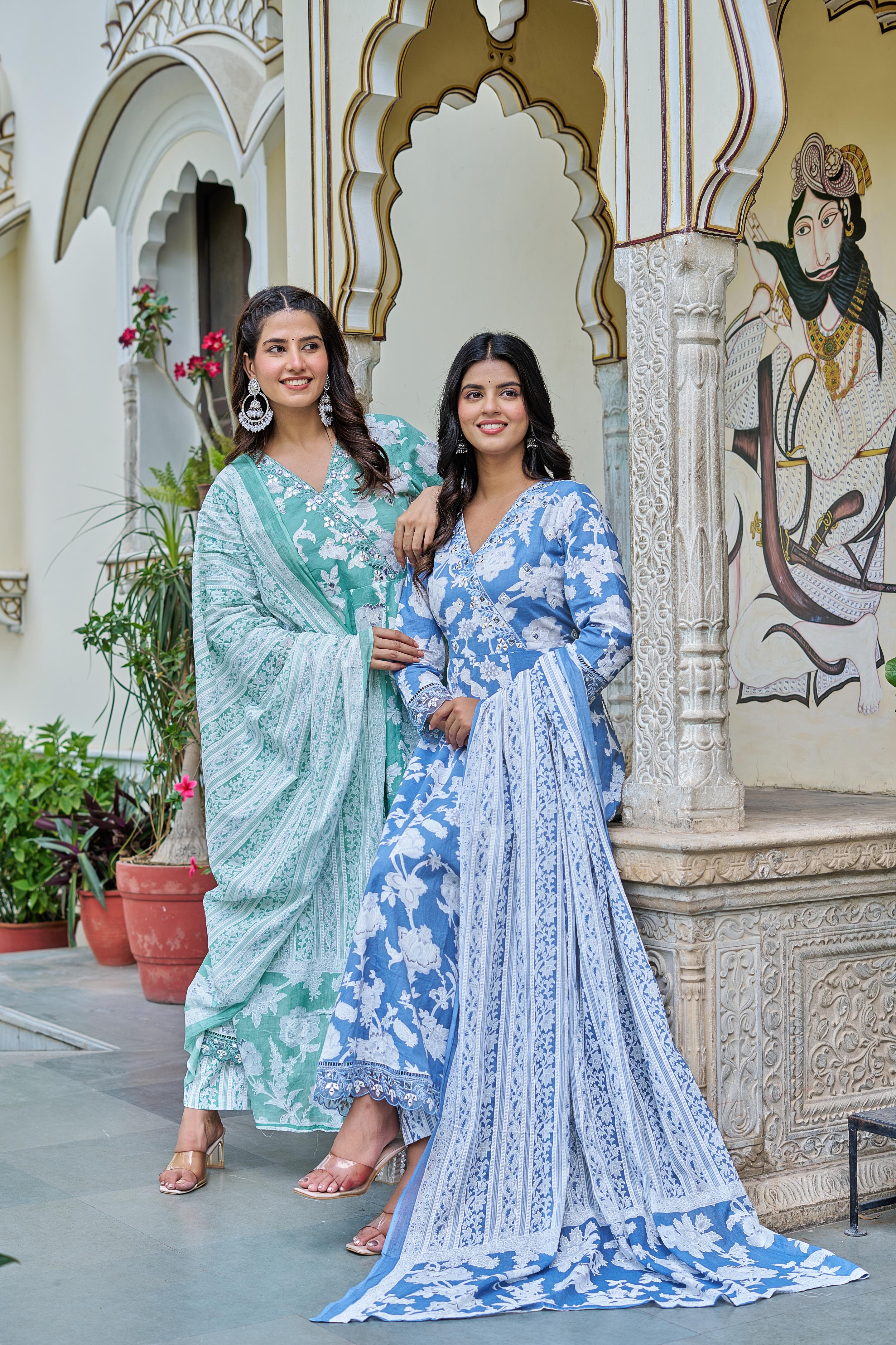 Samaira Green Cotton Anarkali Set with Dupatta | Floral Embroidery