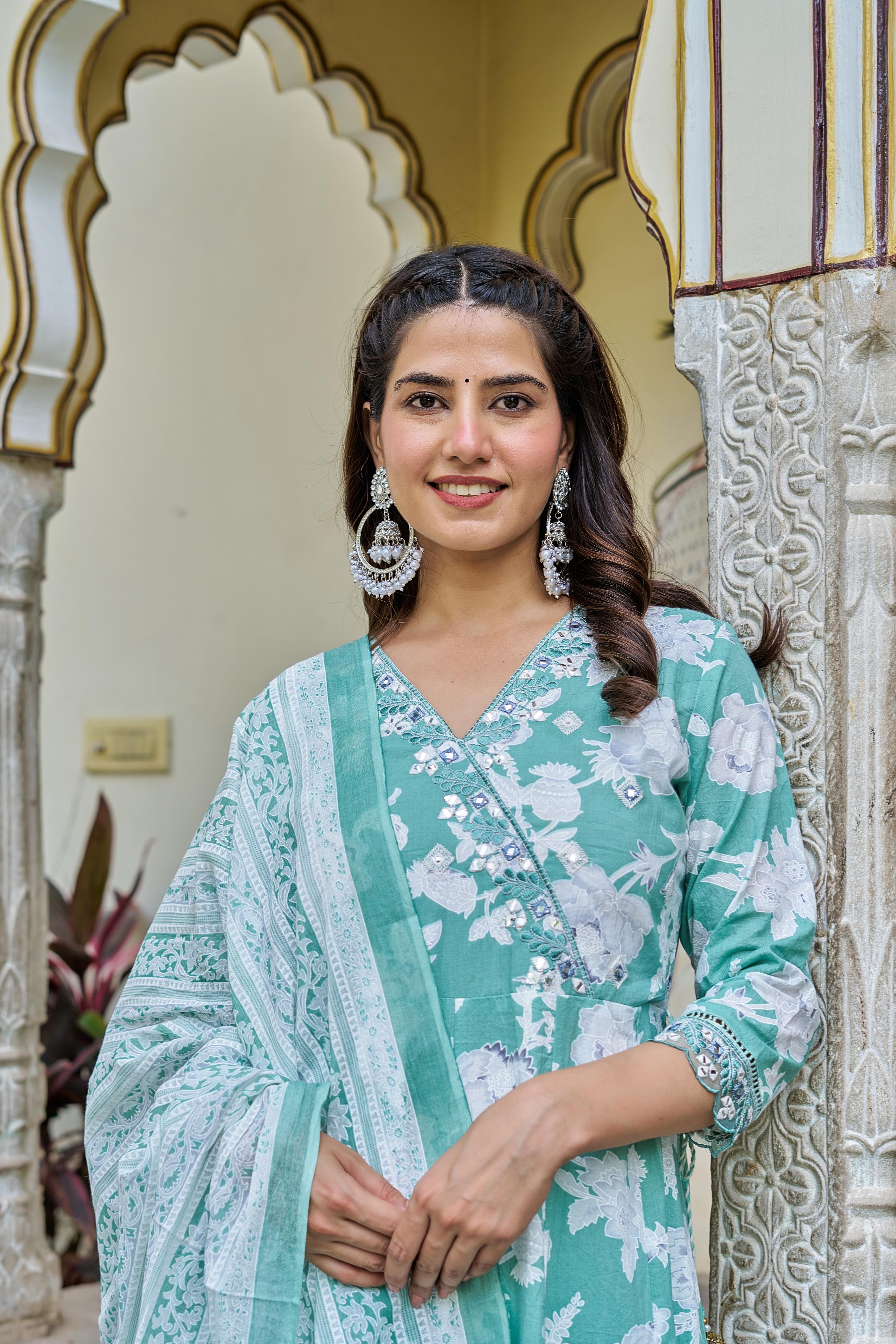 Samaira Green Cotton Anarkali Set with Dupatta | Floral Embroidery