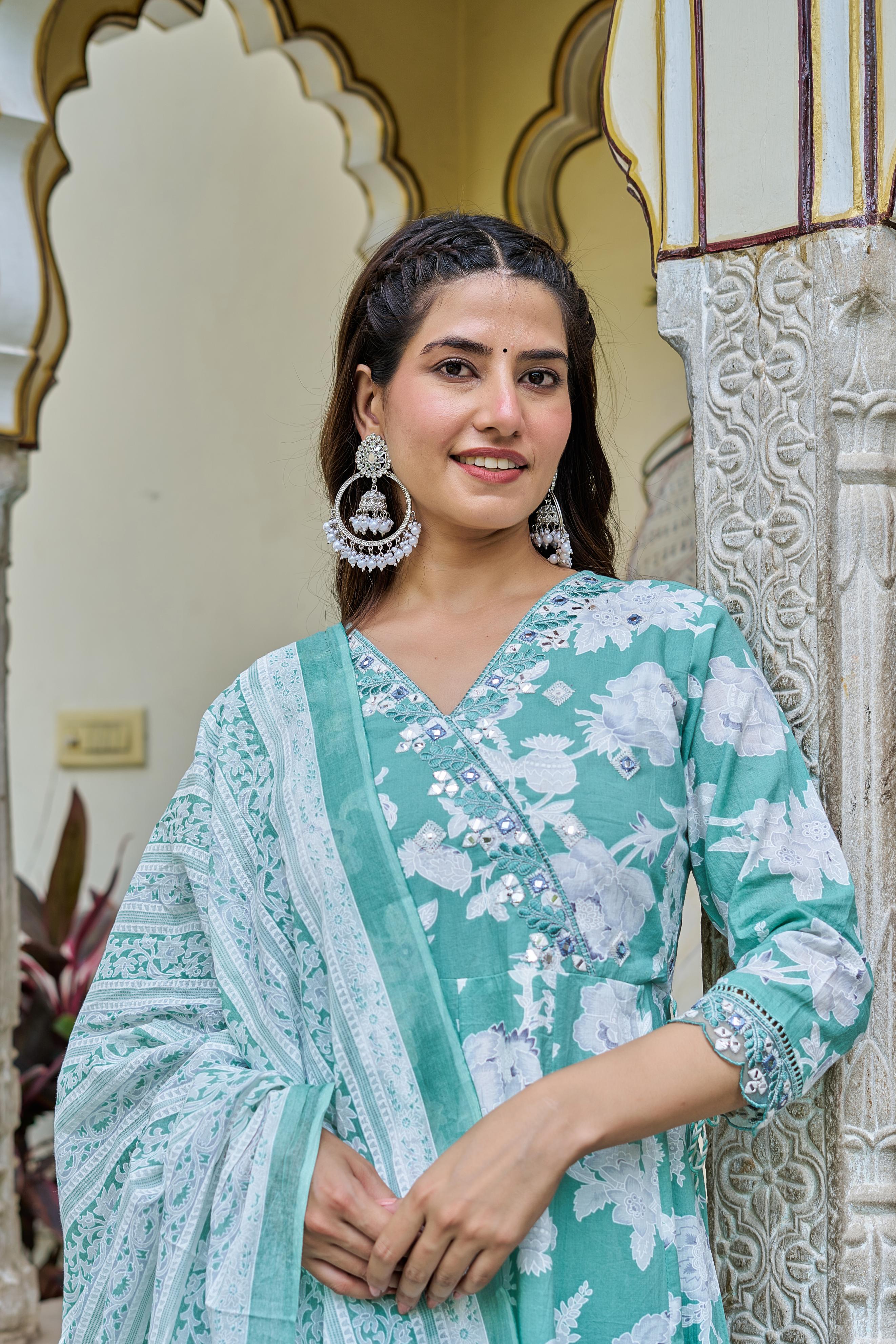 Samaira Green Cotton Anarkali Set with Dupatta | Floral Embroidery