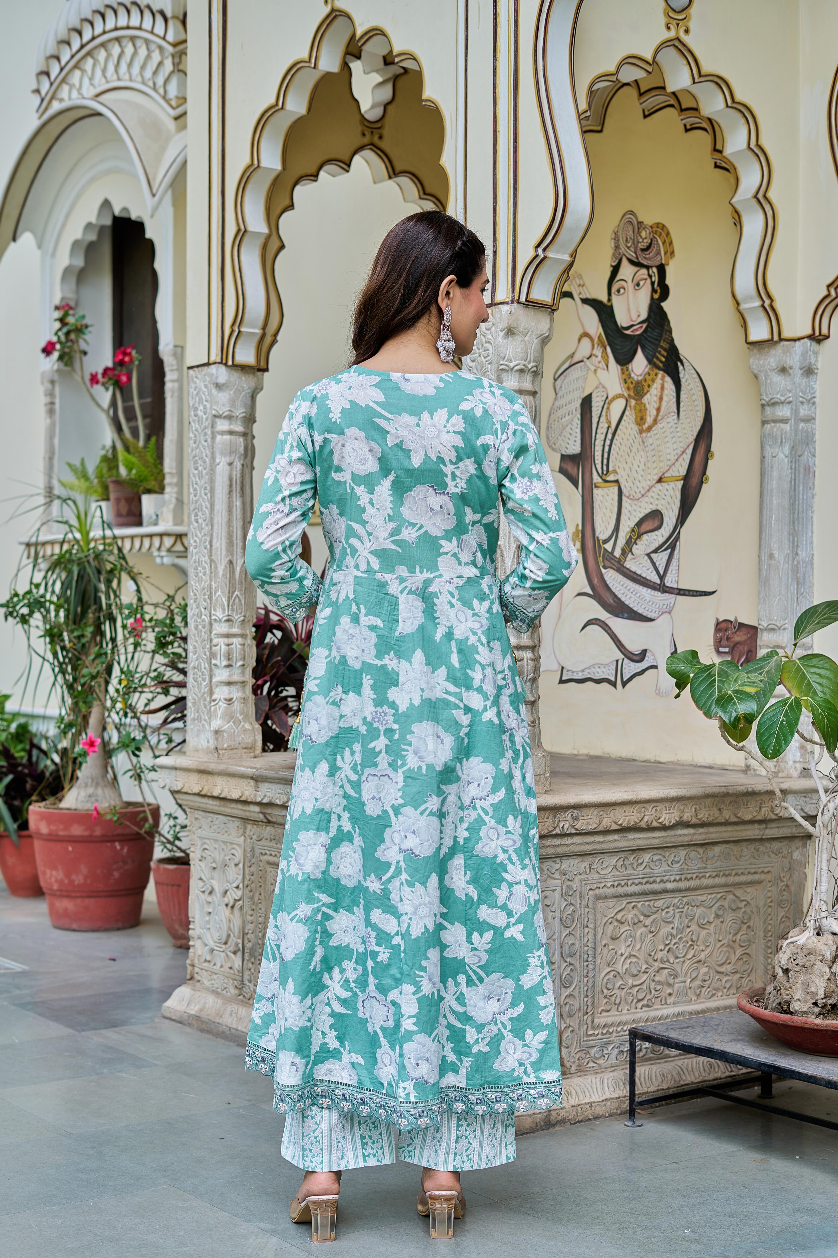 Samaira Green Cotton Anarkali Set with Dupatta | Floral Embroidery