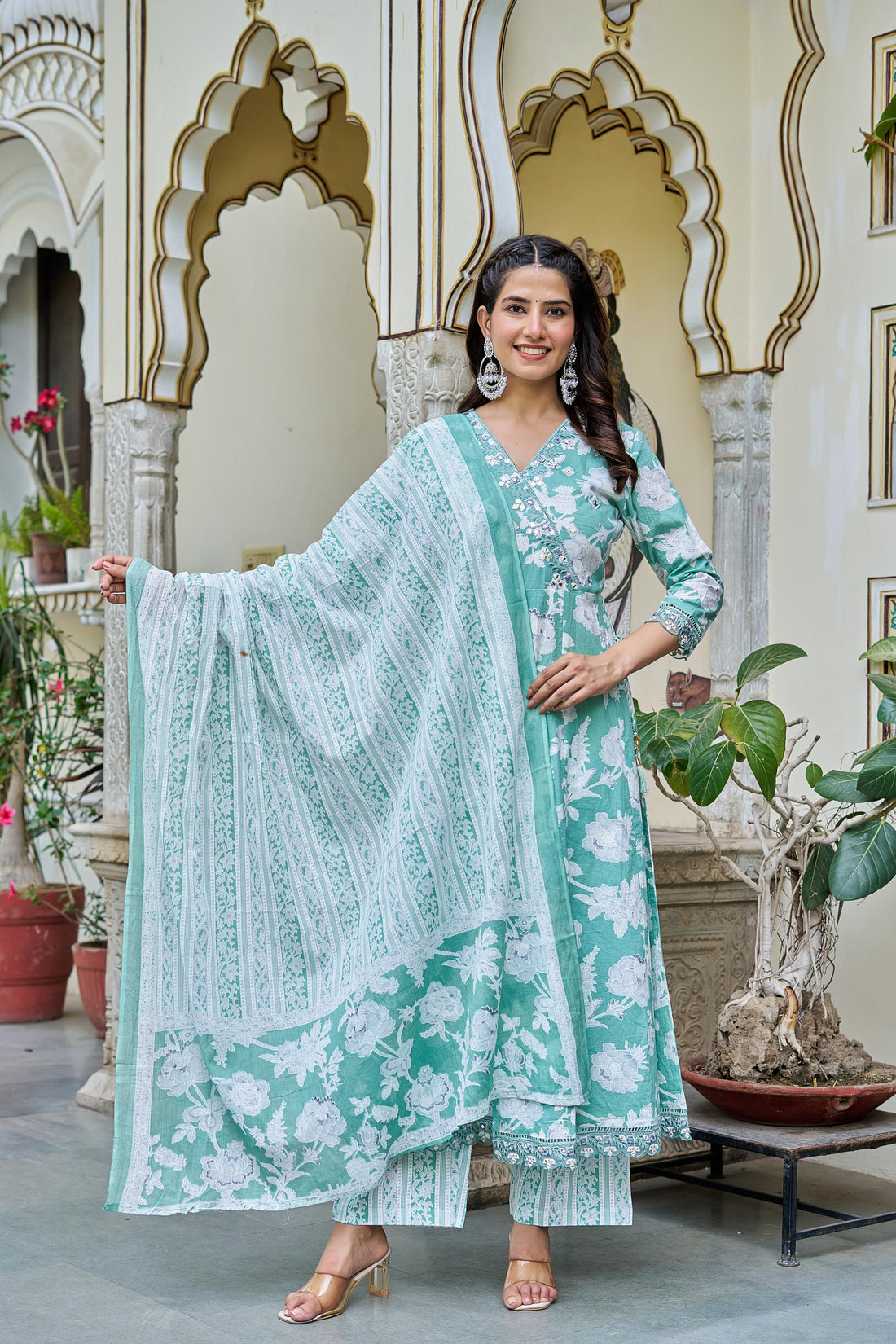 Samaira Green Cotton Anarkali Set with Dupatta | Floral Embroidery