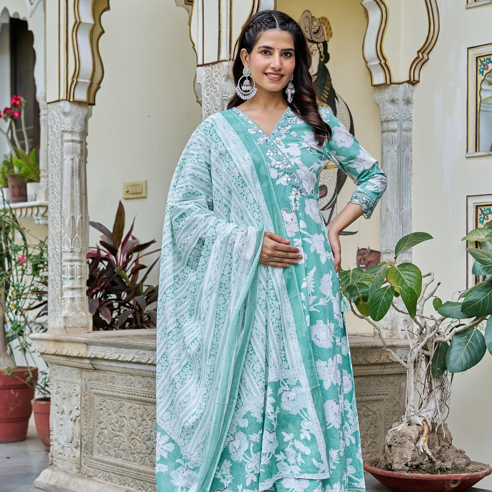 Samaira Green Cotton Anarkali Set with Dupatta | Floral Embroidery
