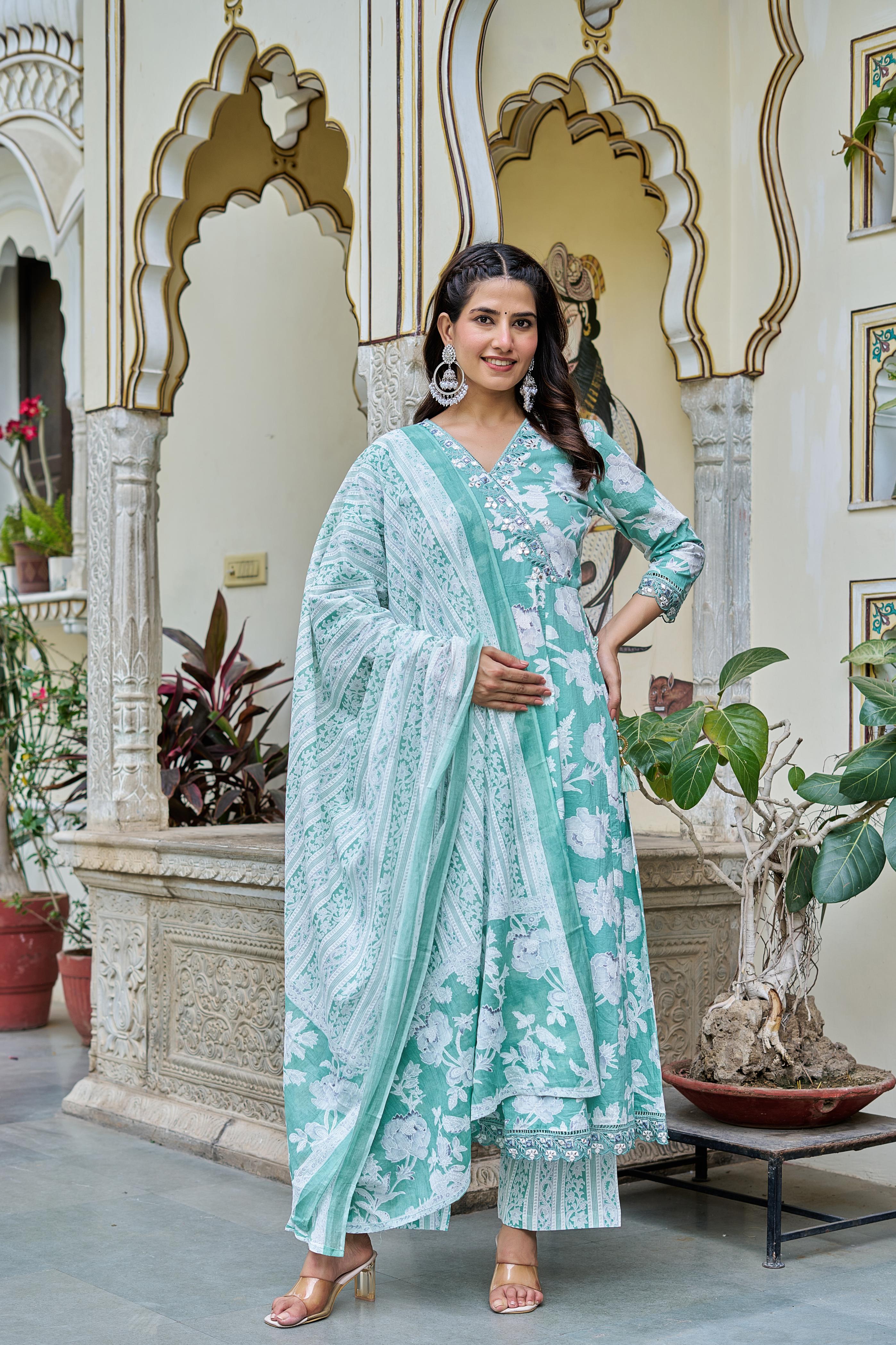 Samaira Green Cotton Anarkali Set with Dupatta | Floral Embroidery