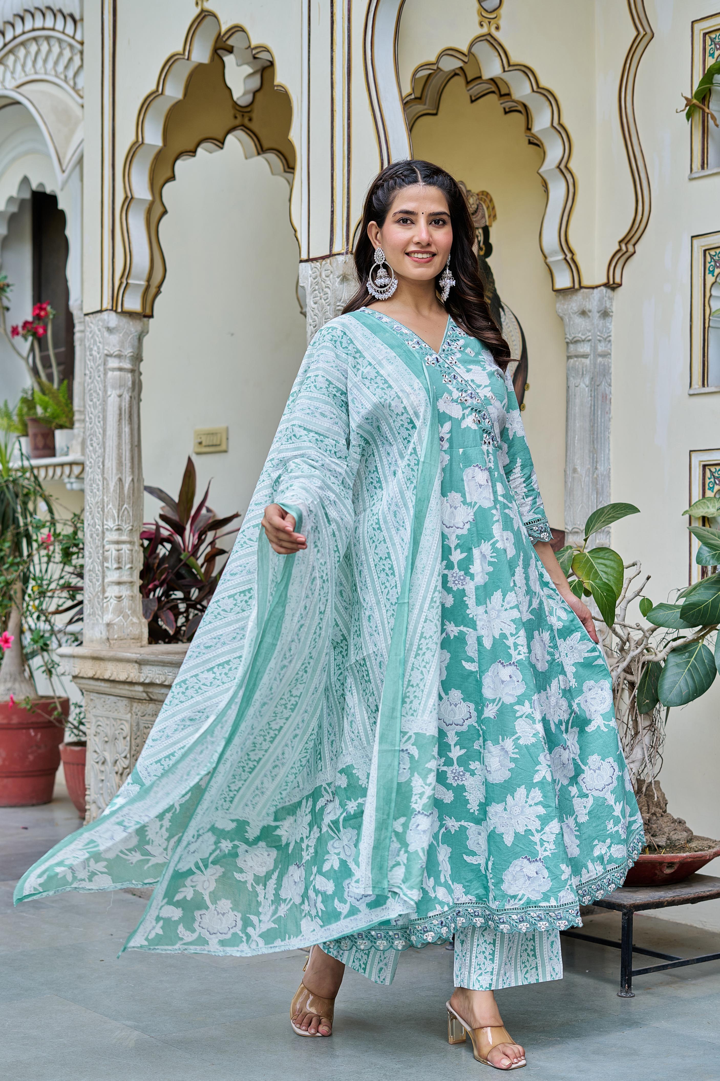Samaira Green Cotton Anarkali Set with Dupatta | Floral Embroidery