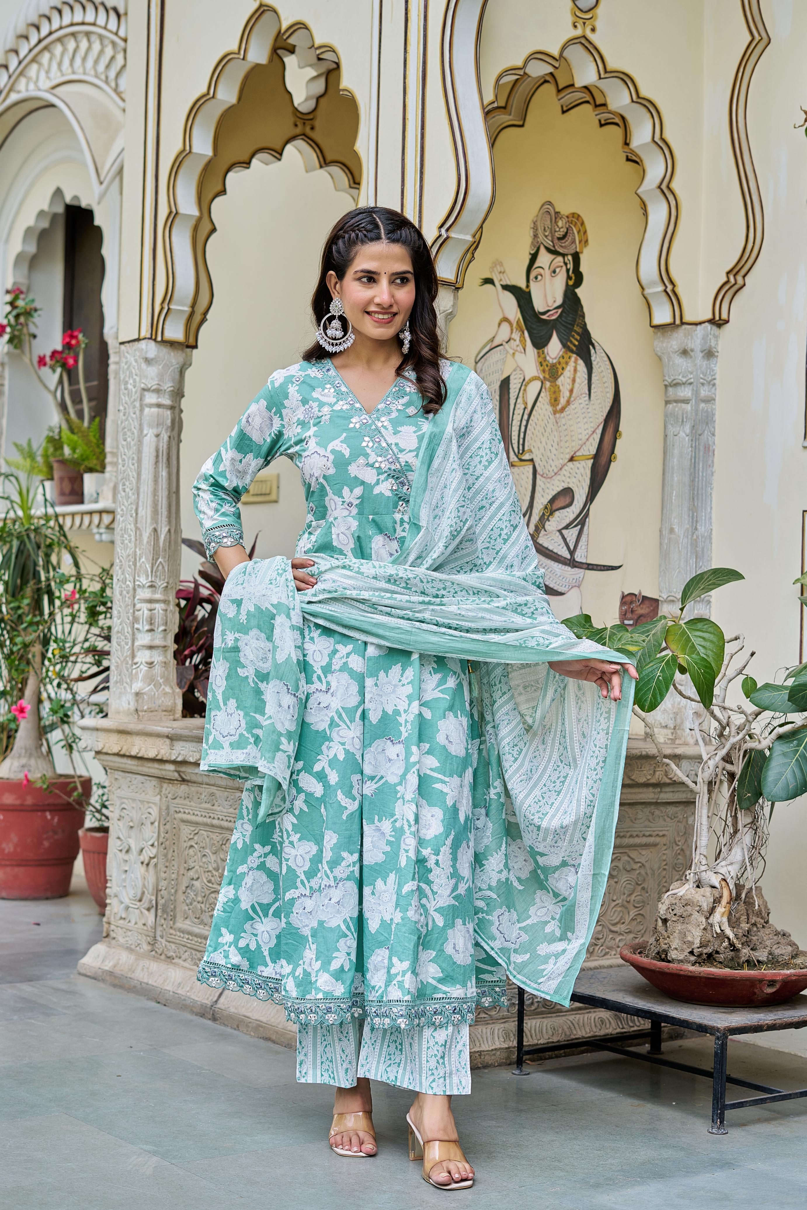 Samaira Green Cotton Anarkali Set with Dupatta | Floral Embroidery