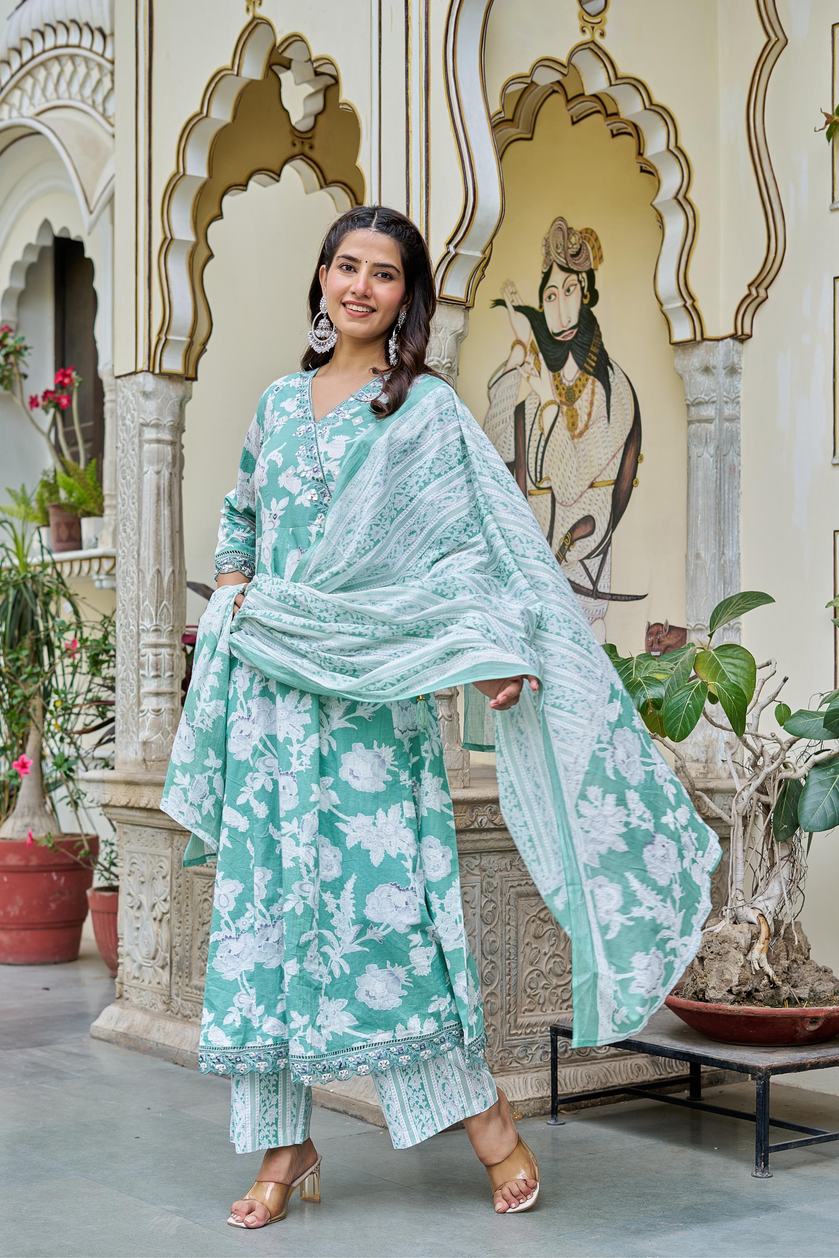 Samaira Green Cotton Anarkali Set with Dupatta | Floral Embroidery