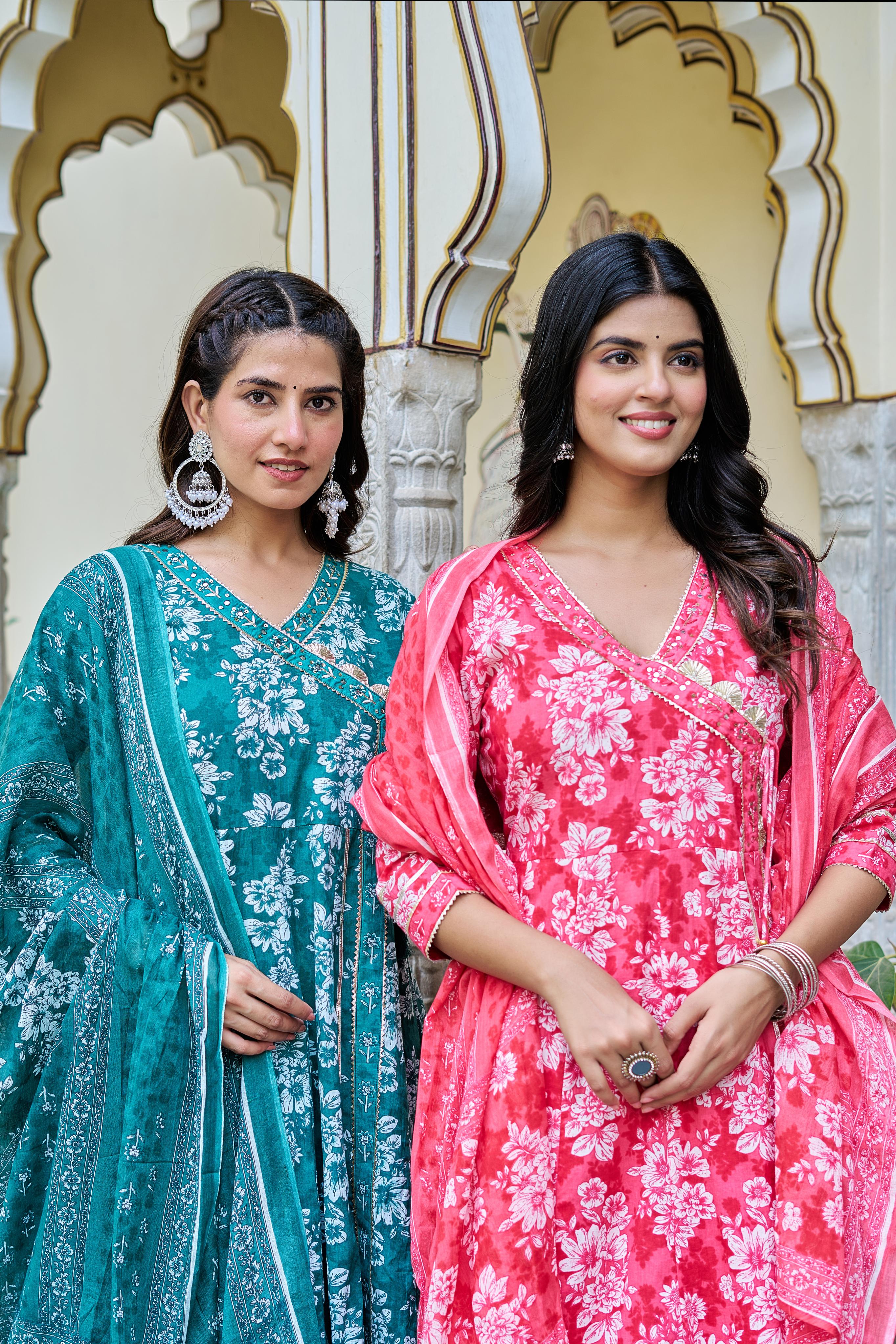 Pink Grace Suit Set | Angrakha Style Kurta | Elegant Floral Prints