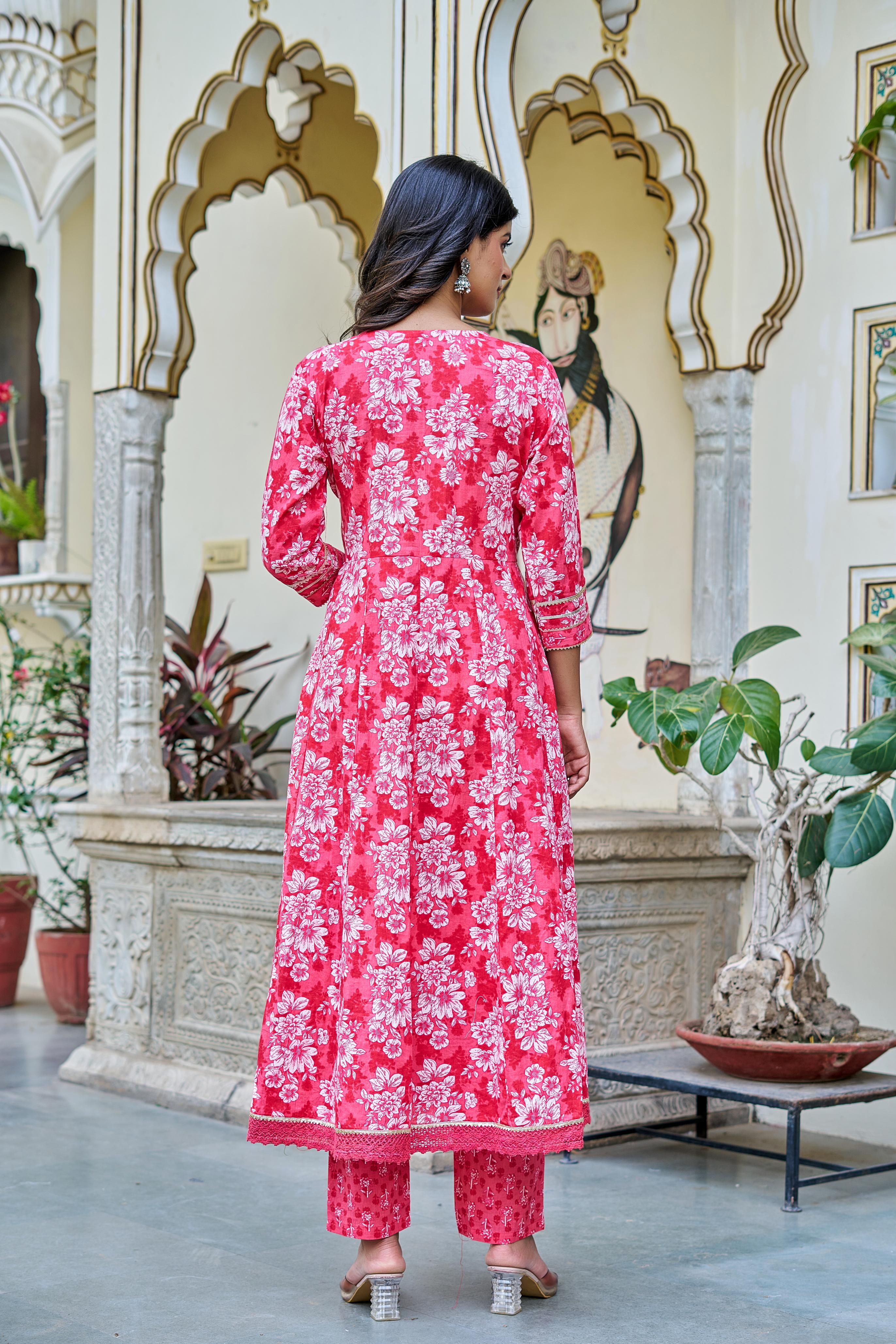 Pink Grace Suit Set | Angrakha Style Kurta | Elegant Floral Prints