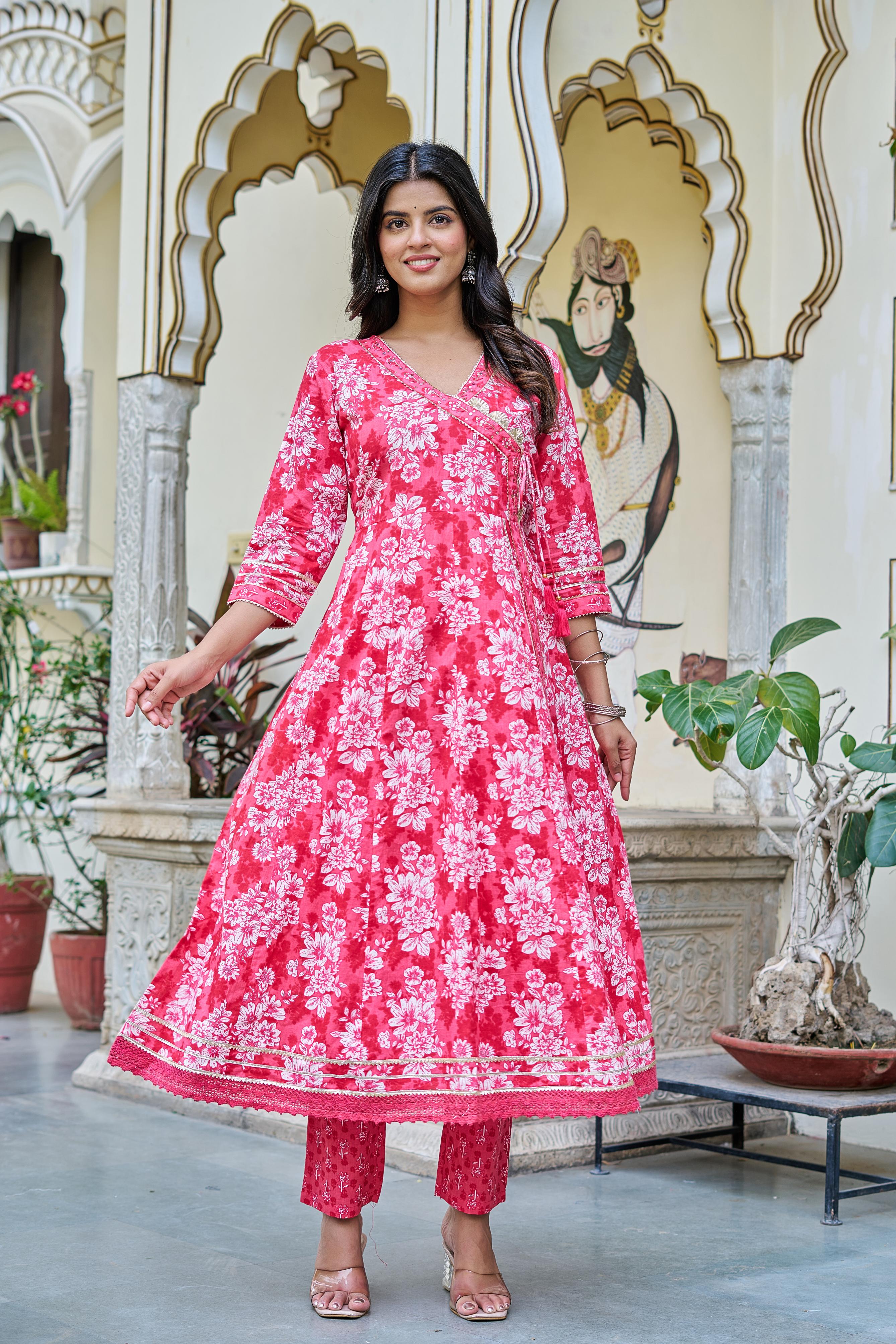 Pink Grace Suit Set | Angrakha Style Kurta | Elegant Floral Prints
