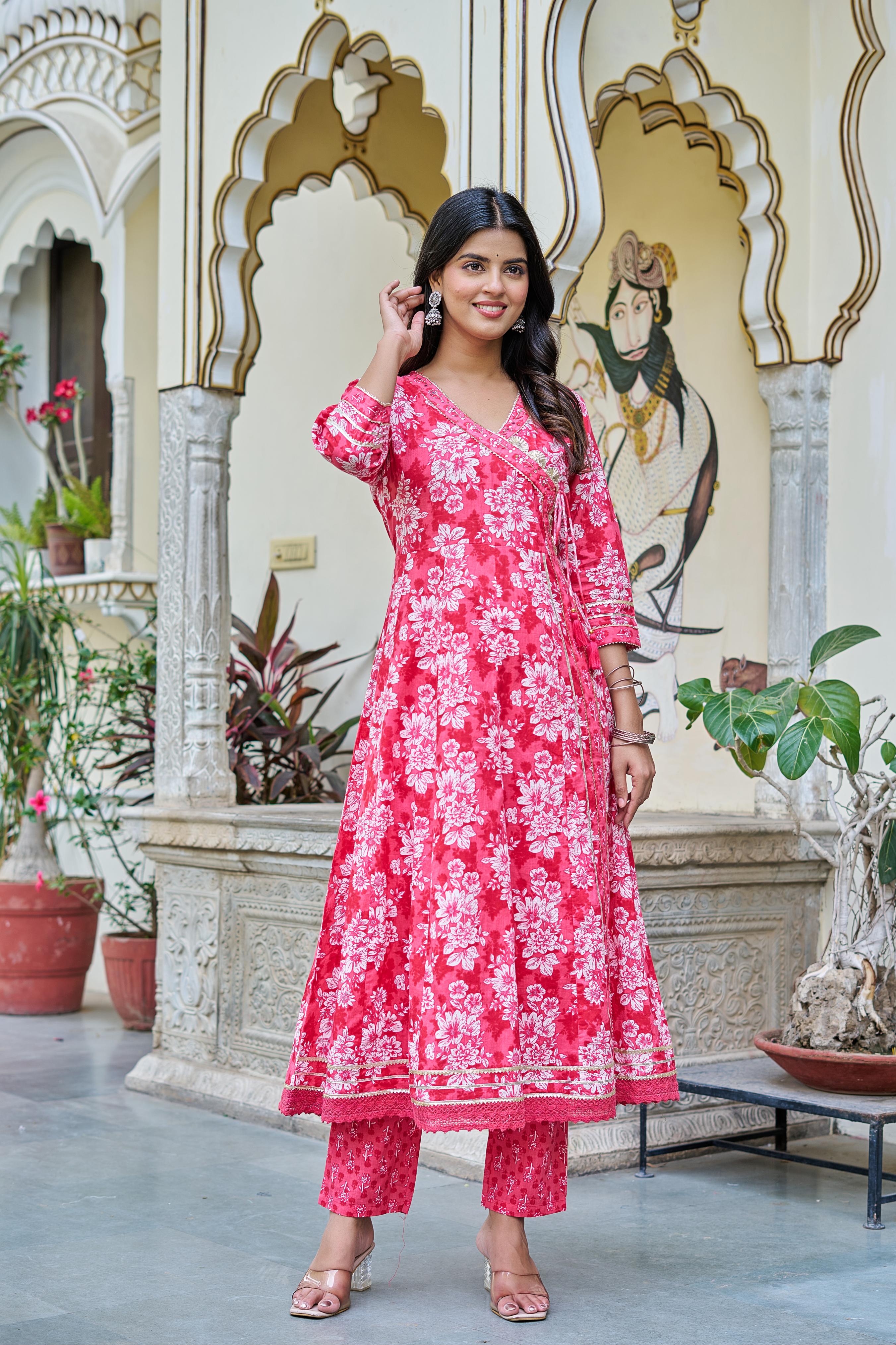 Pink Grace Suit Set | Angrakha Style Kurta | Elegant Floral Prints