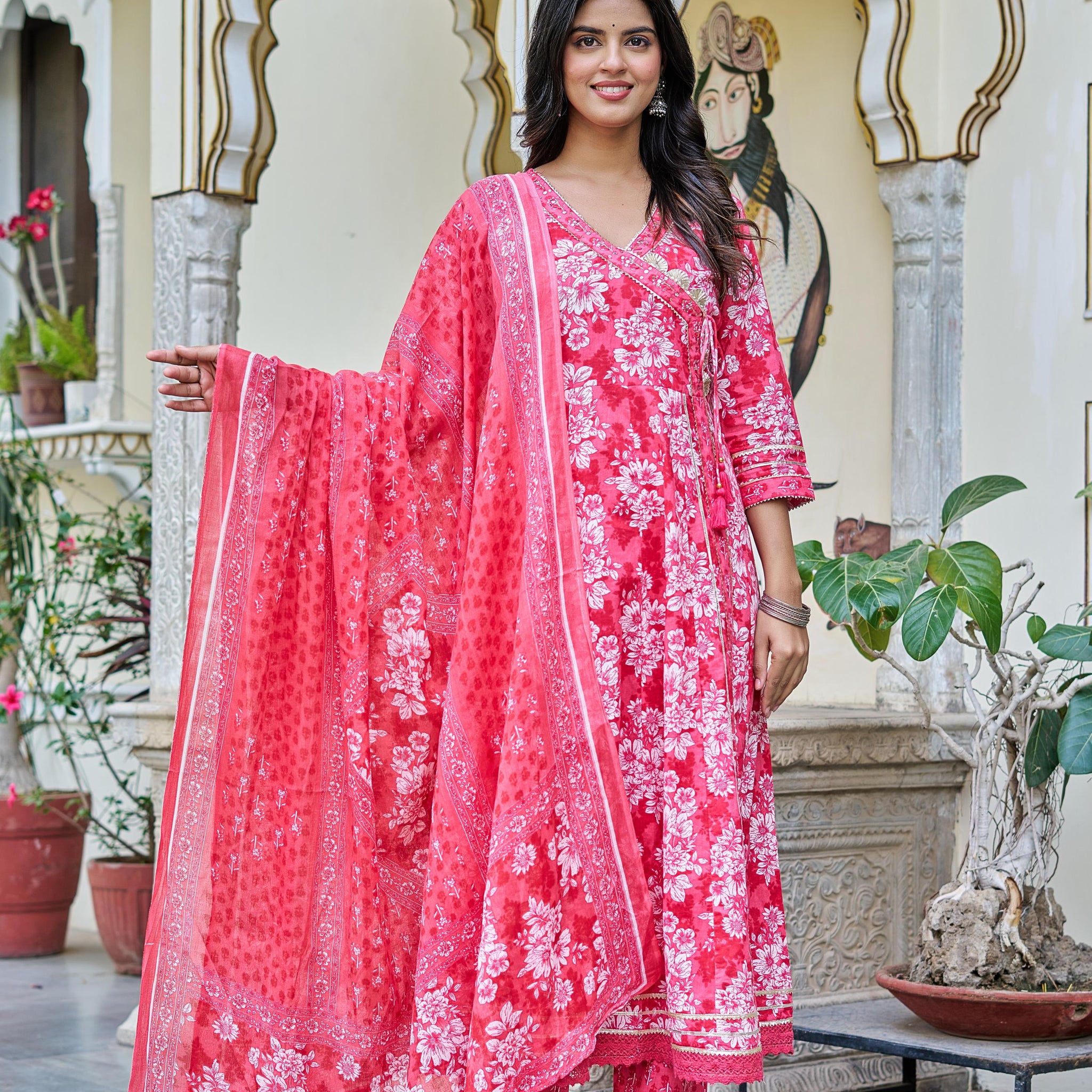 Pink Grace Suit Set | Angrakha Style Kurta | Elegant Floral Prints