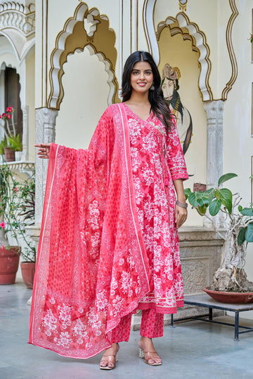 Pink Grace Suit Set | Angrakha Style Kurta | Elegant Floral Prints