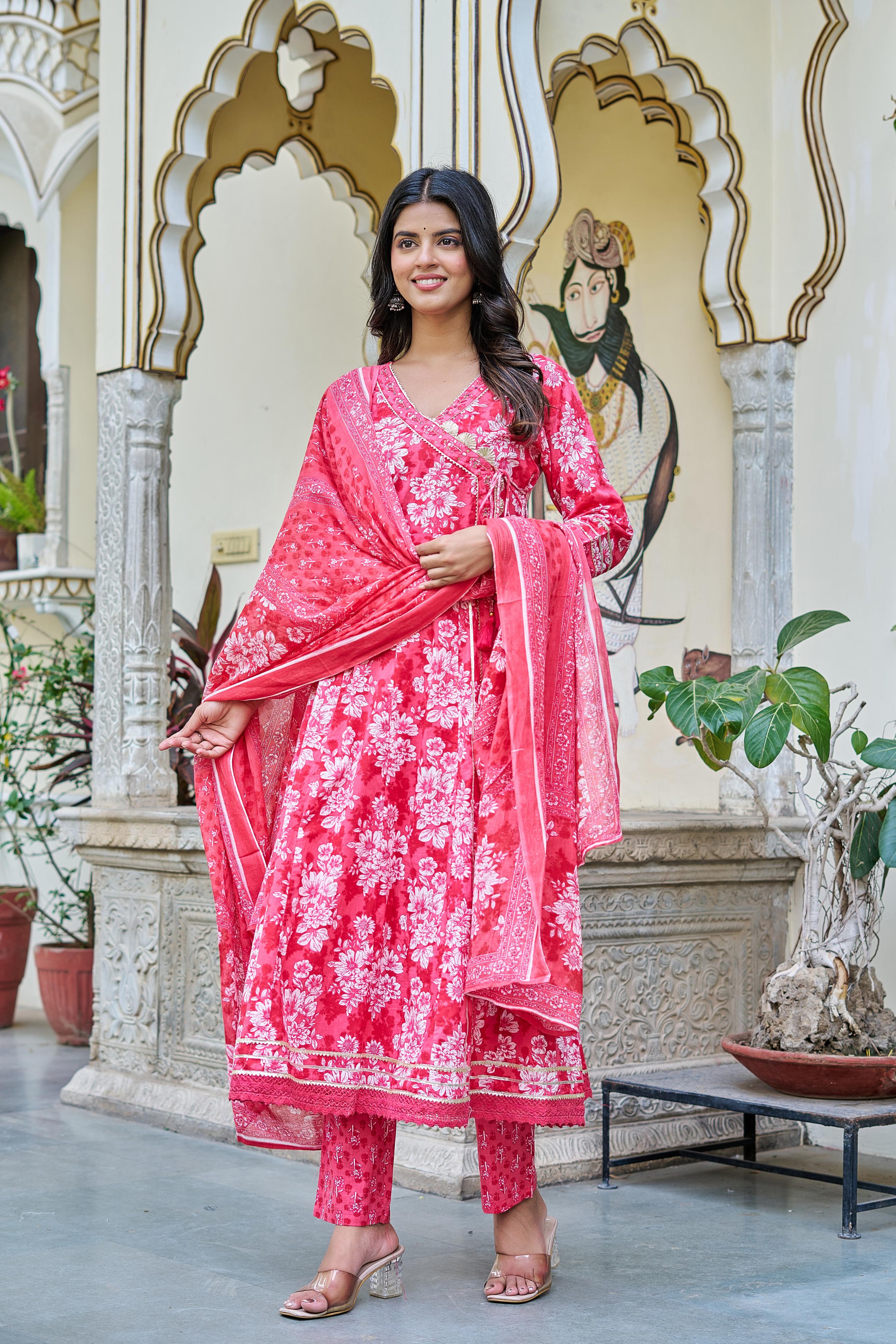 Pink Grace Suit Set | Angrakha Style Kurta | Elegant Floral Prints