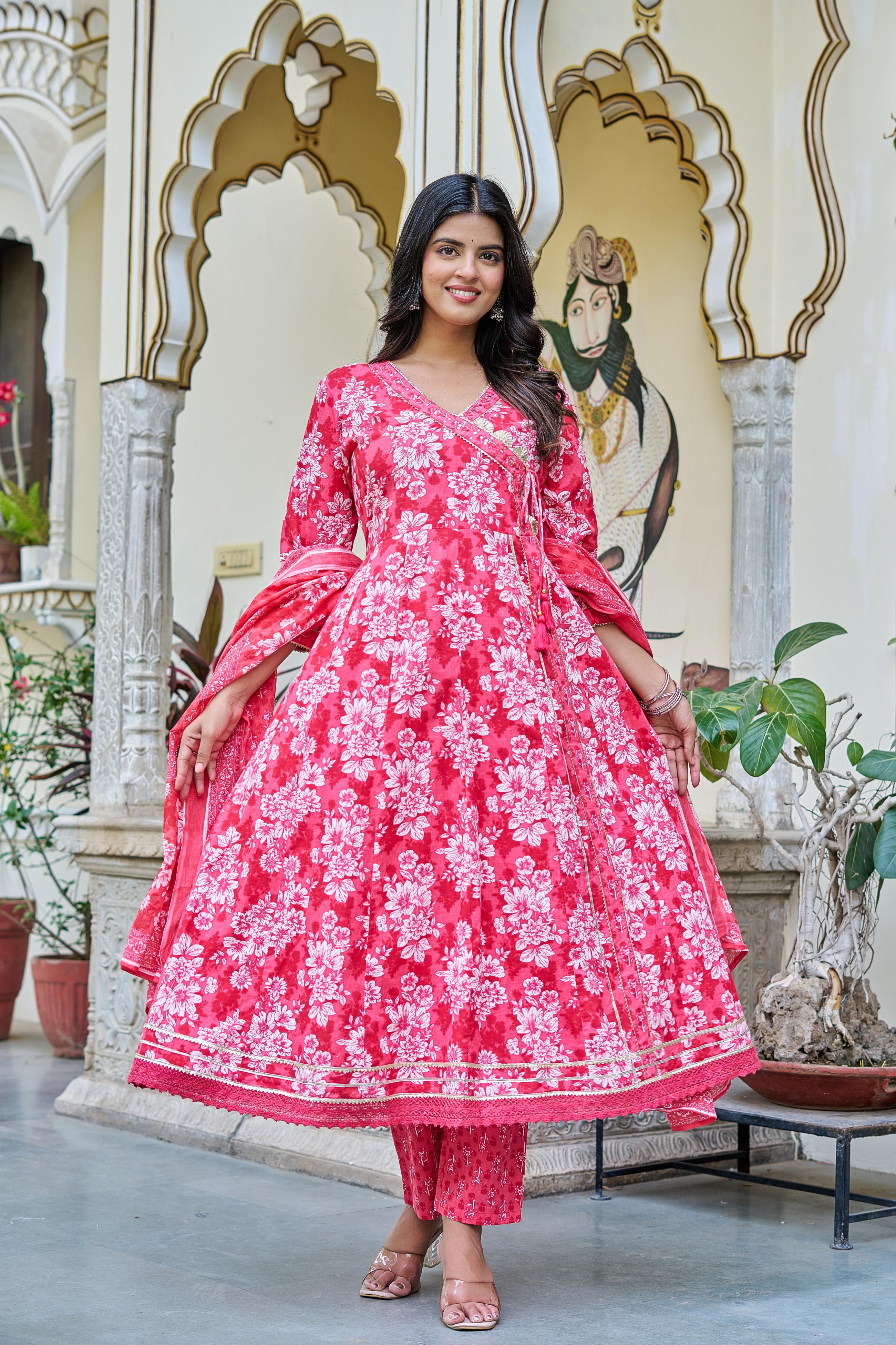 Pink Grace Suit Set | Angrakha Style Kurta | Elegant Floral Prints