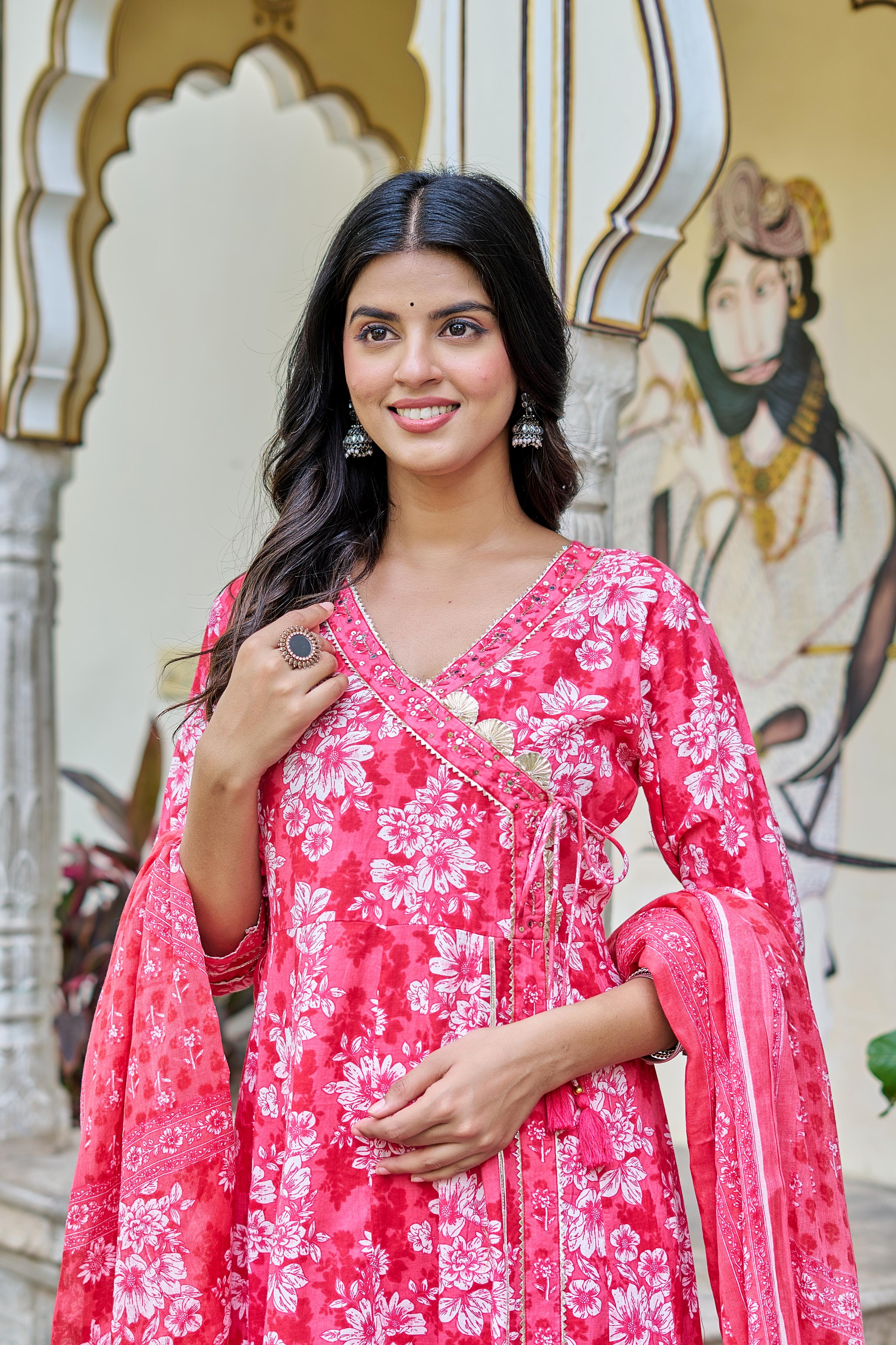 Pink Grace Suit Set | Angrakha Style Kurta | Elegant Floral Prints