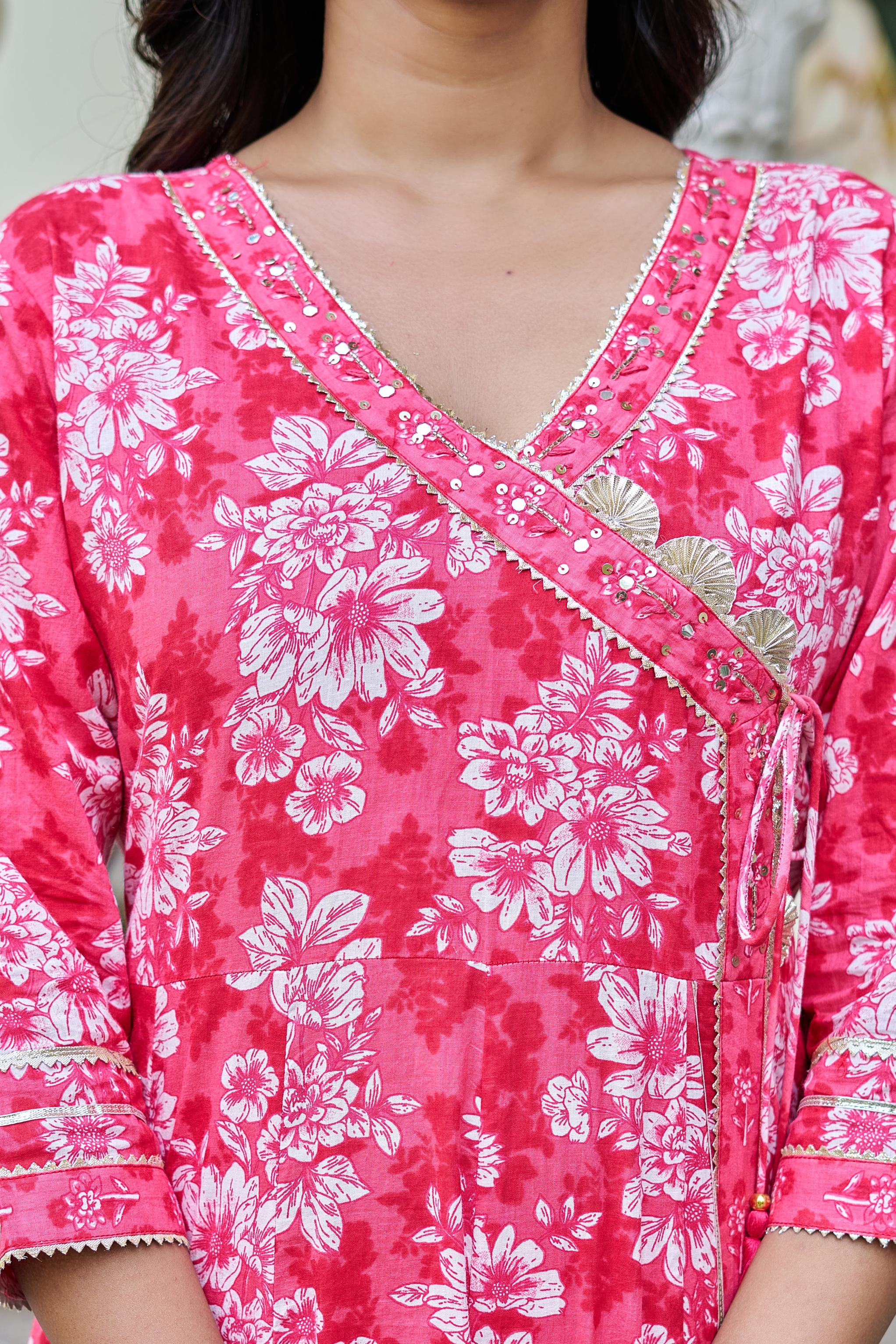 Pink Grace Suit Set | Angrakha Style Kurta | Elegant Floral Prints