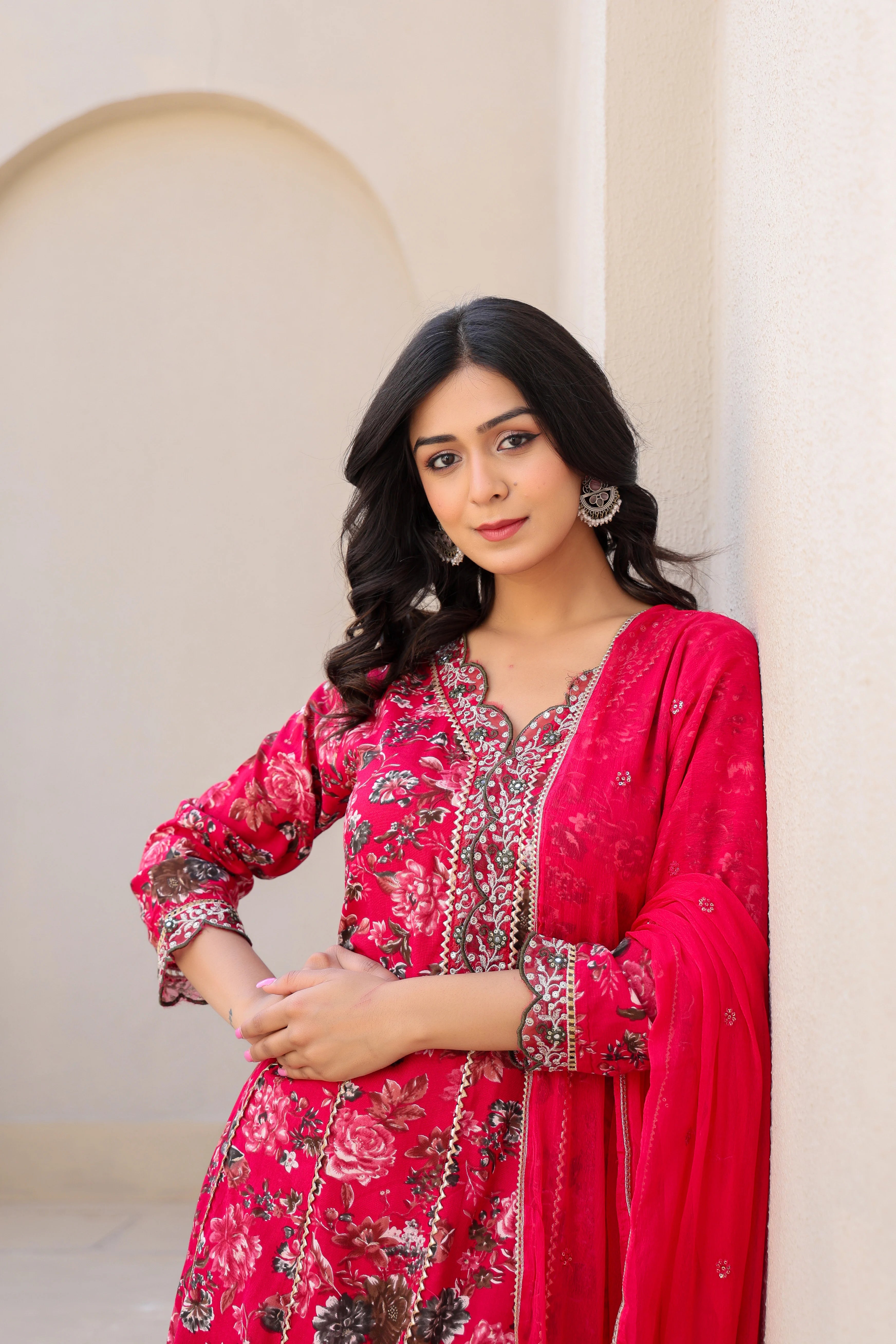 Beautiful Red Heavy Embroidery Floral Kurta Set with Dupatta