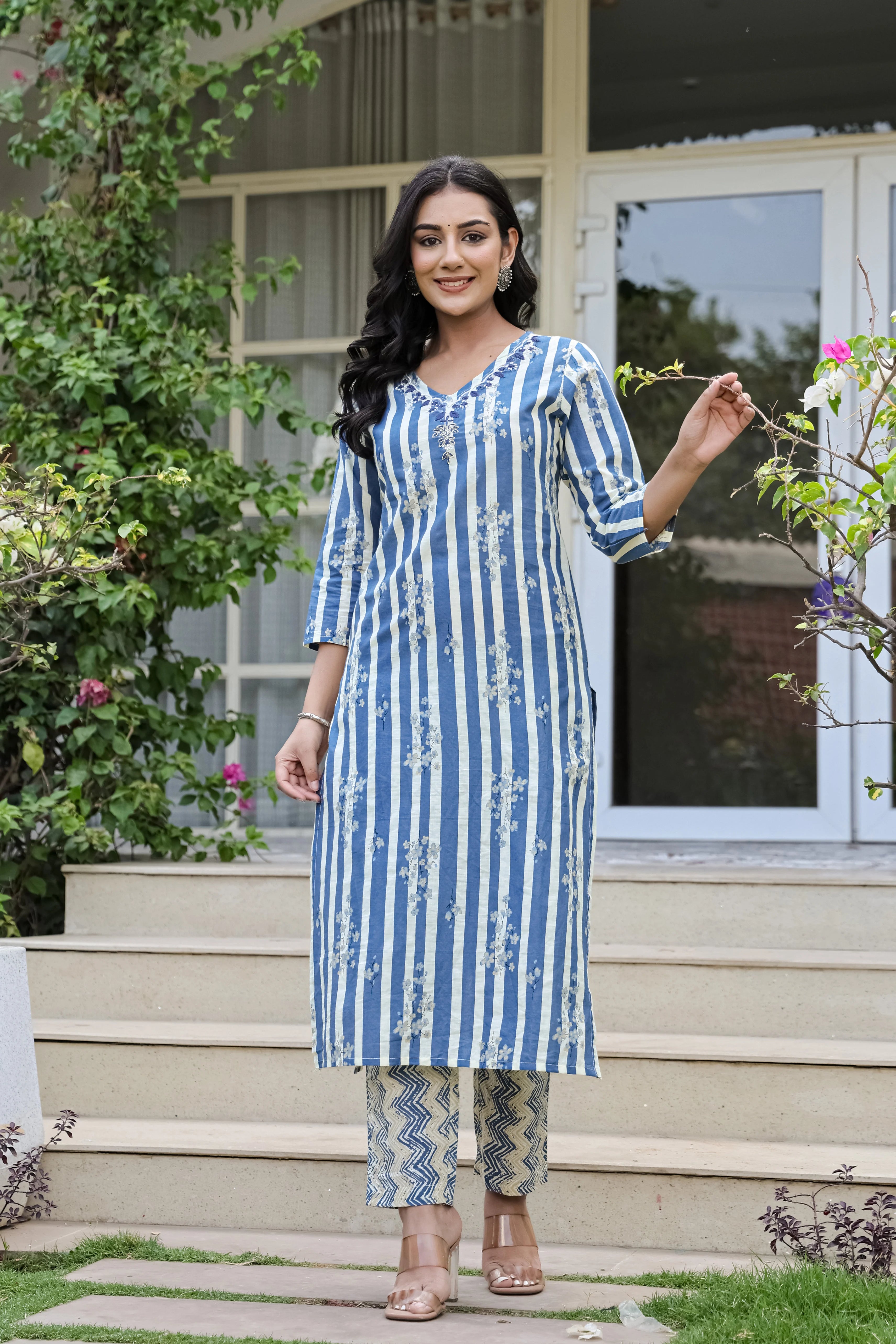 Blue Strip Printed Cotton 3-Piece Set