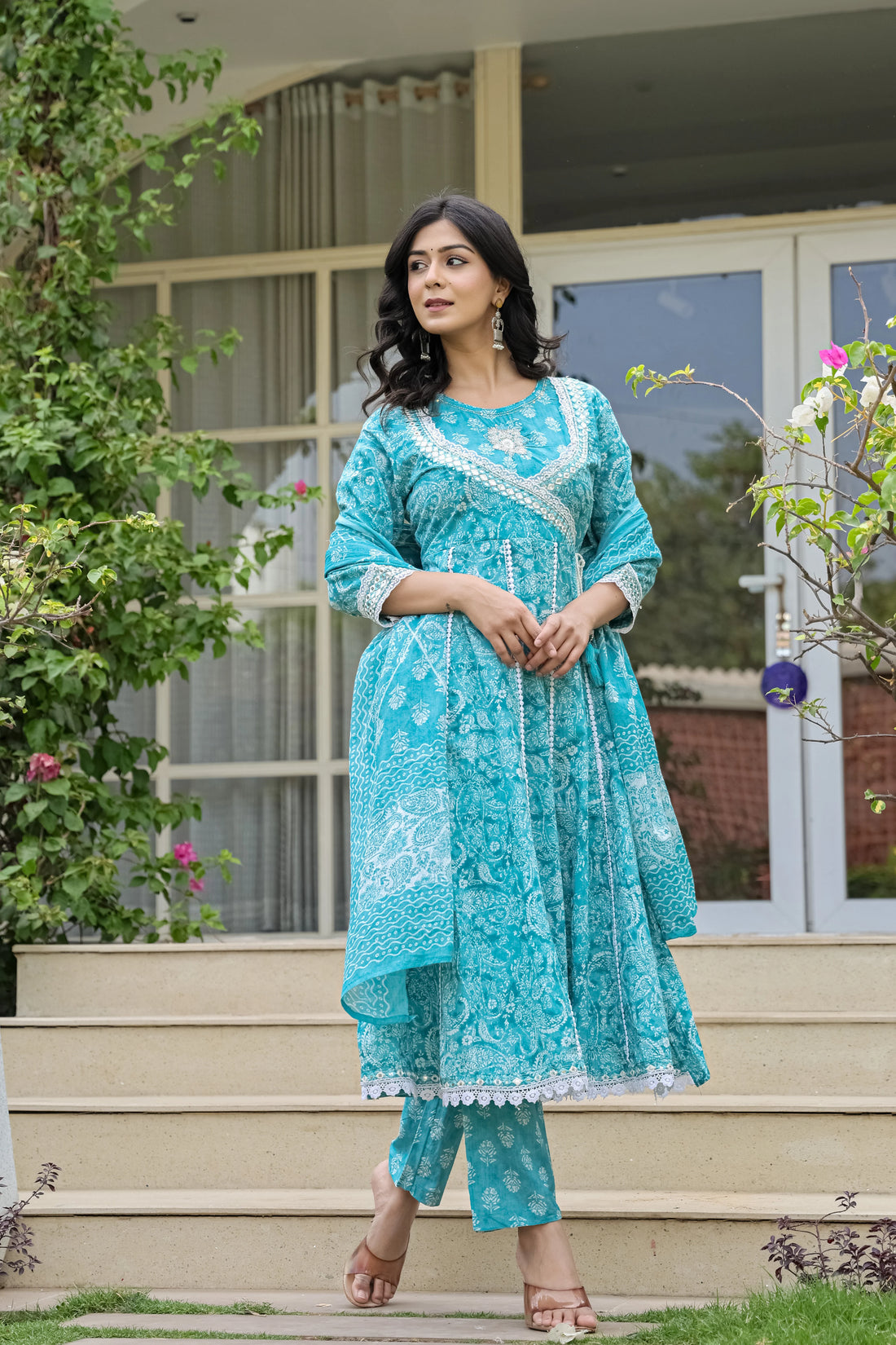 Teal Blue Heavy Embroidery Cotton Anarkali Suit Set