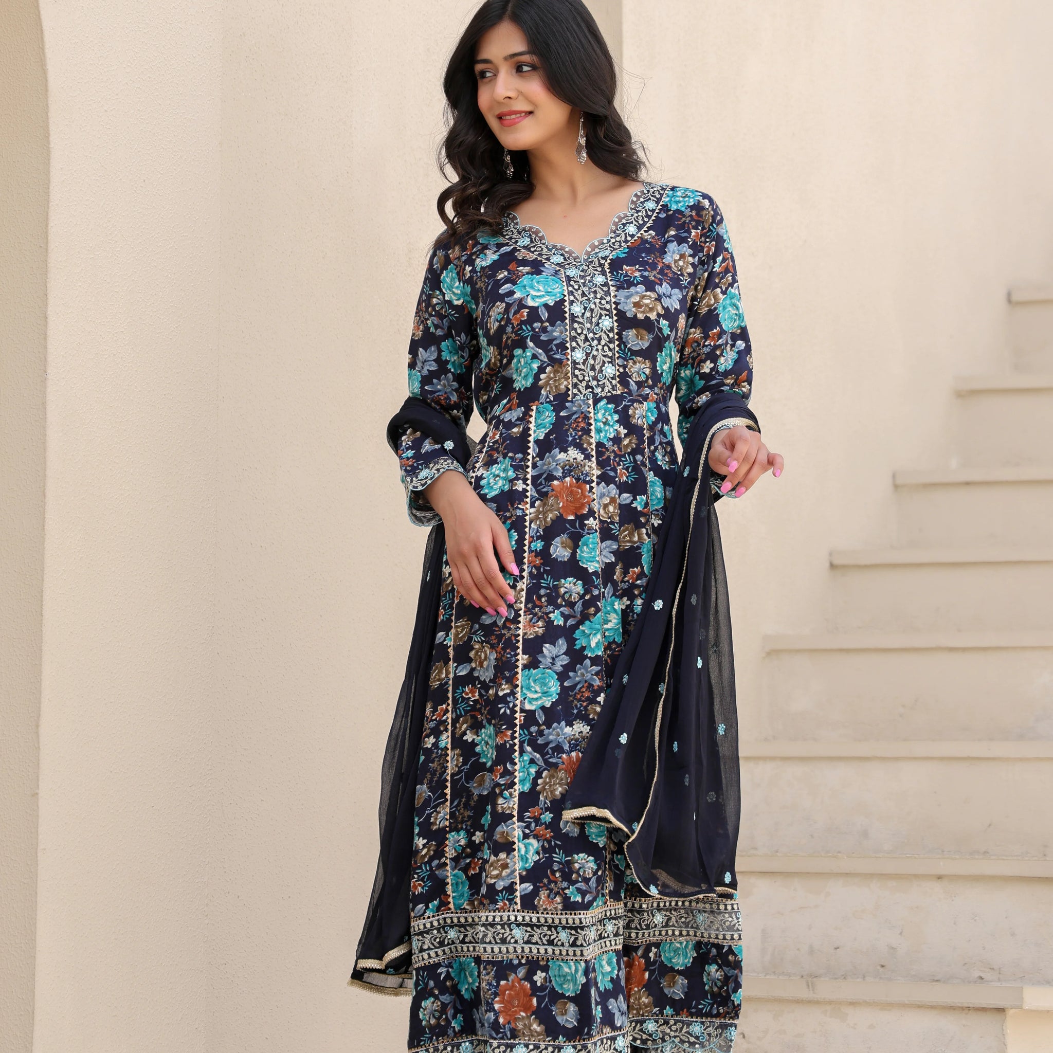 Midnight Bloom– Heavy Embroidered Anarkali Suit Set