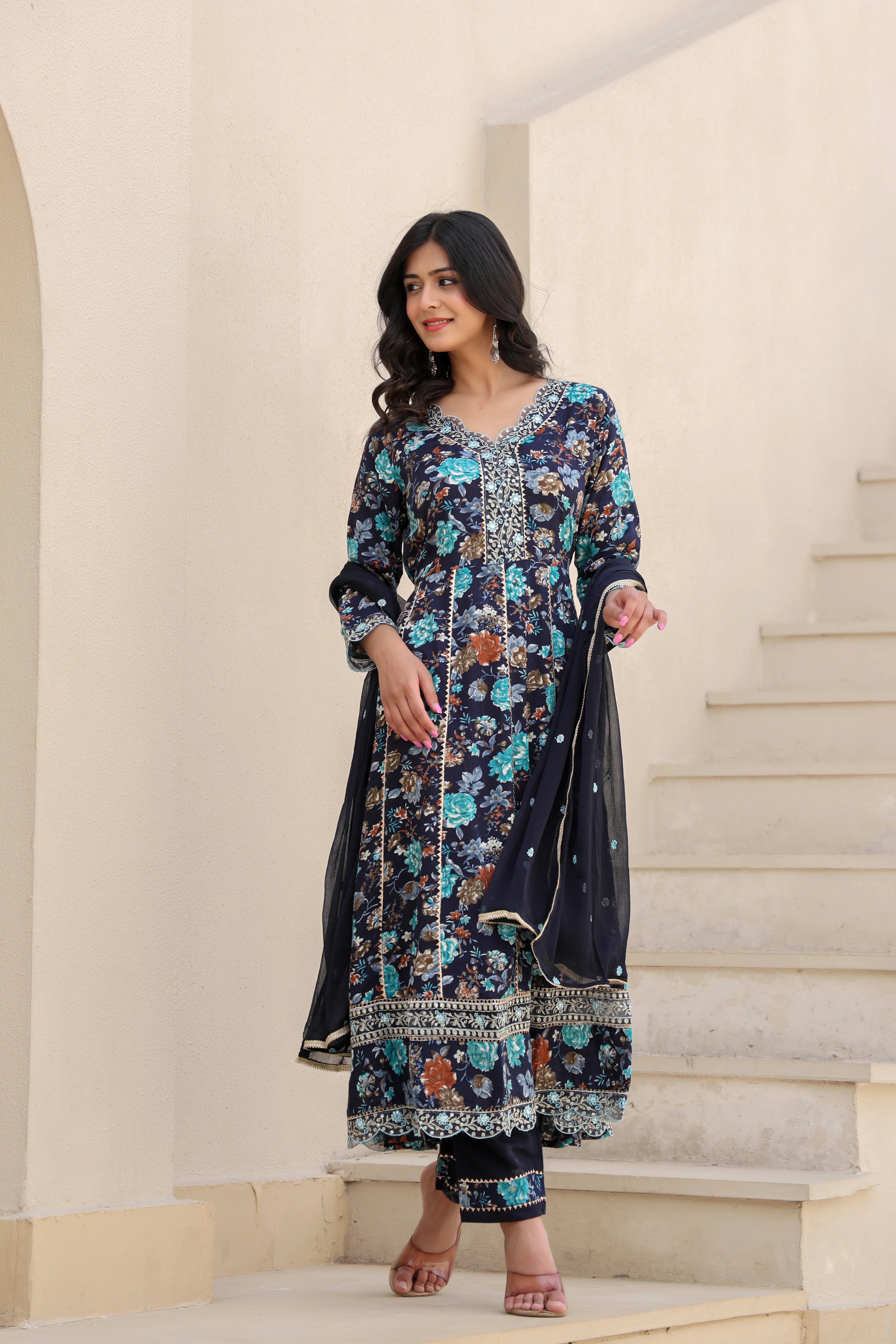 Midnight Bloom– Heavy Embroidered Anarkali Suit Set