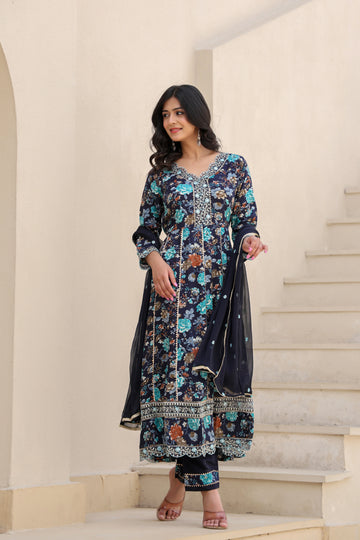 Midnight Bloom– Heavy Embroidered Anarkali Suit Set