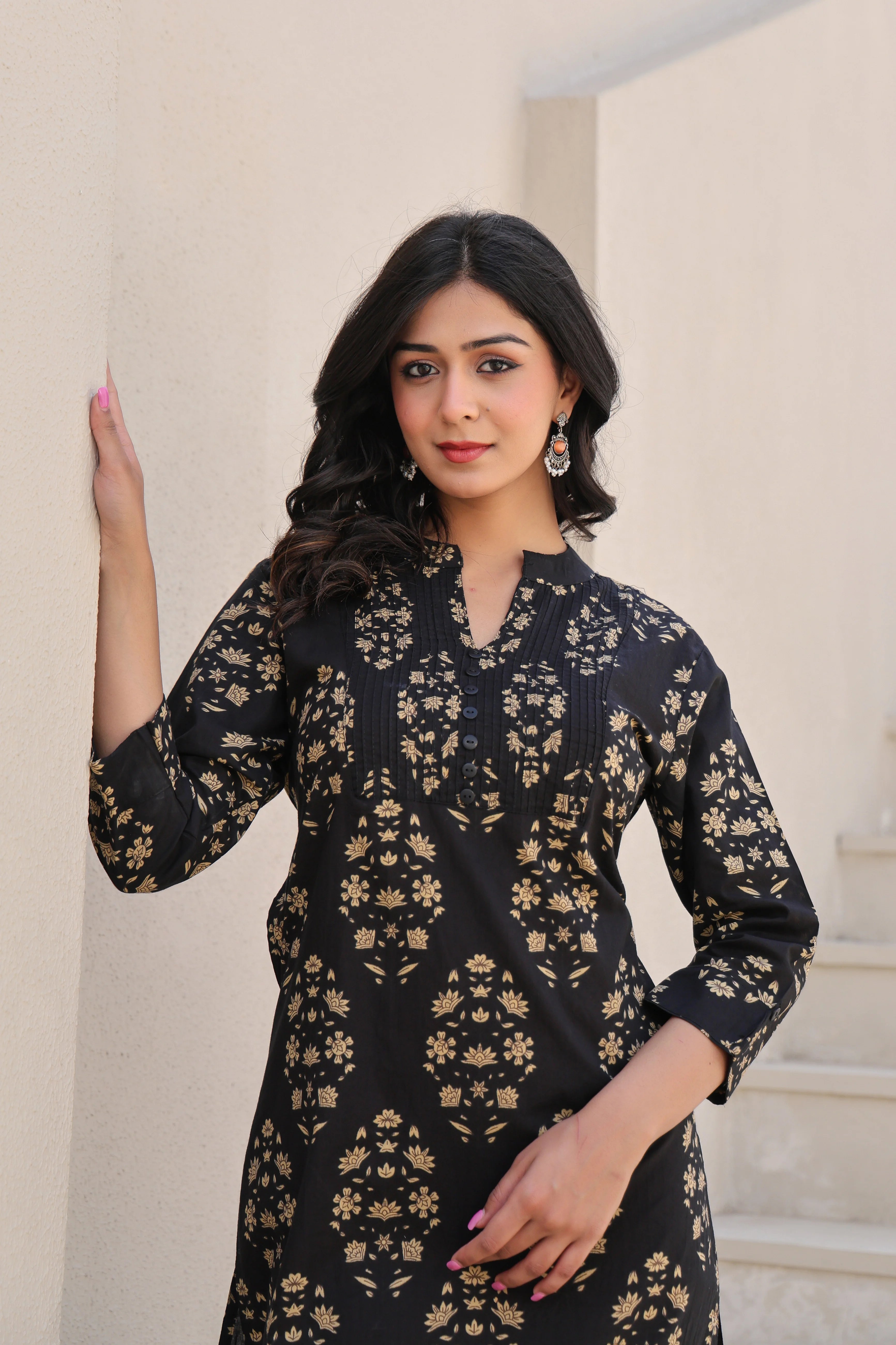 Black Printed Straight Kurti With Printex Work