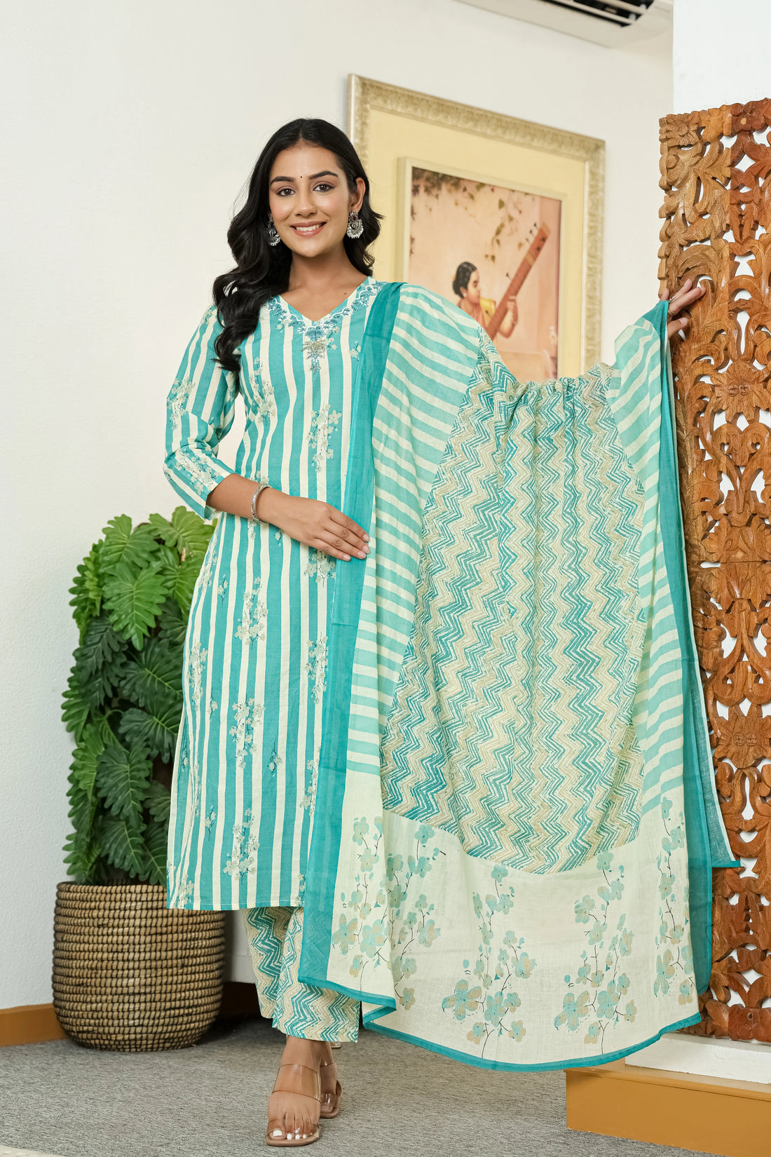 Turquoise Straight Cotton Kurta Pant Dupatta Set