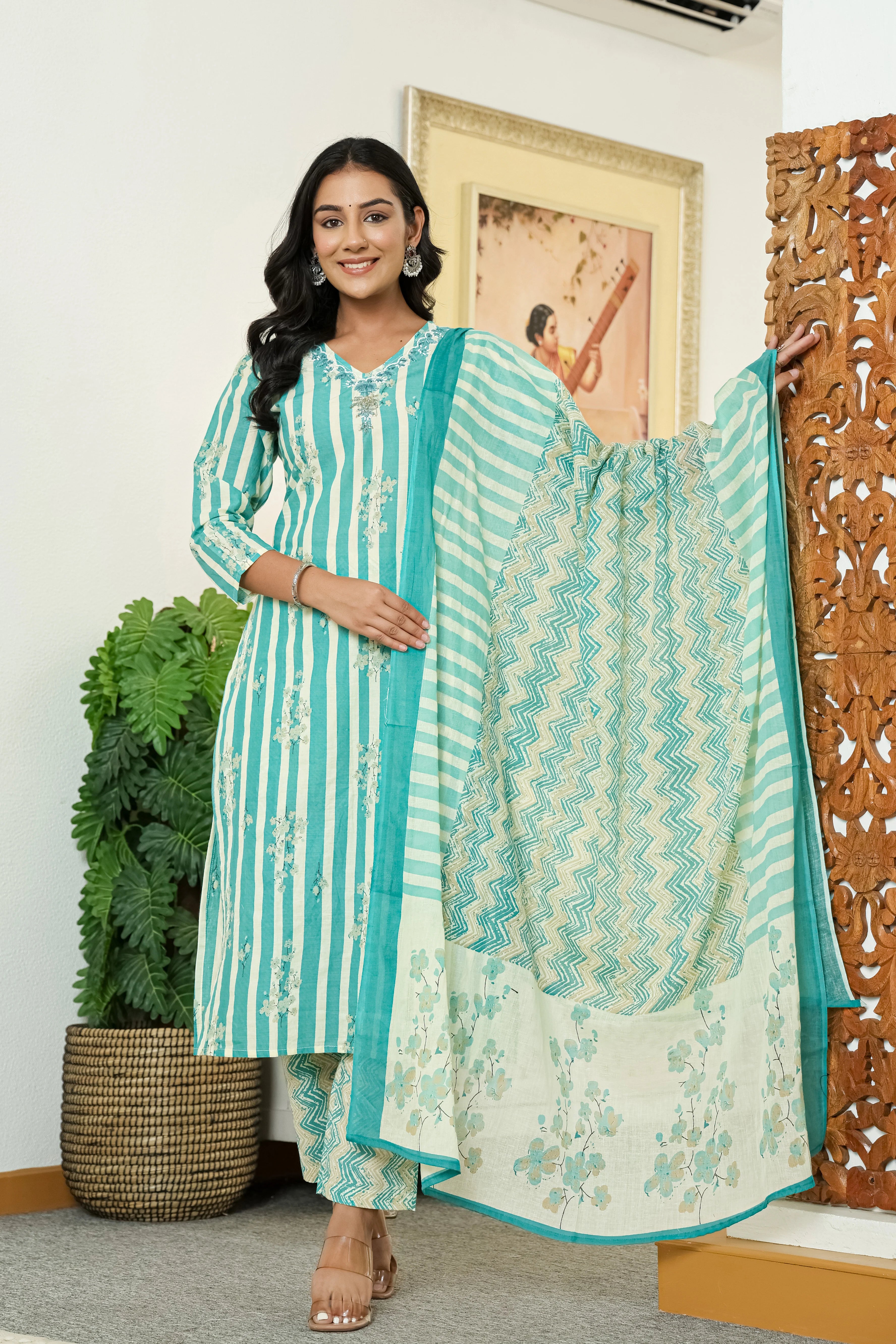 Turquoise Straight Cotton Kurta Pant Dupatta Set
