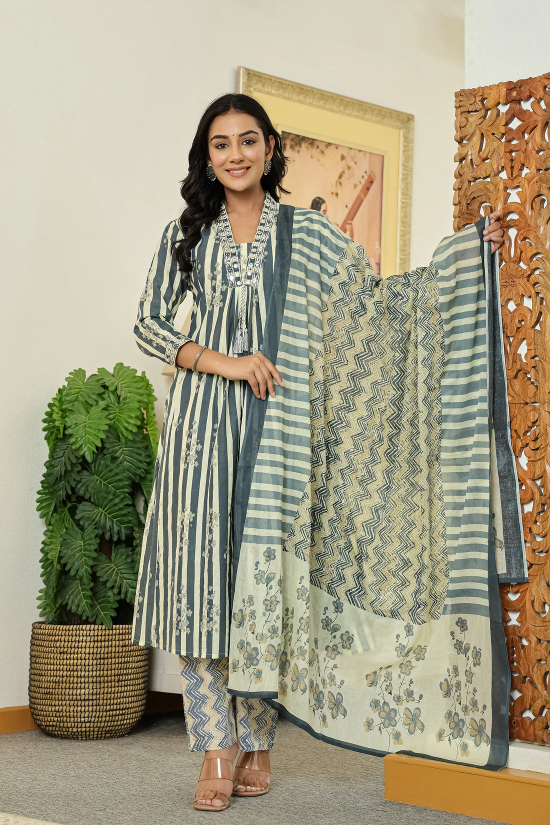 Grey Printed Cotton A-Line Kurta Pant Dupatta Set