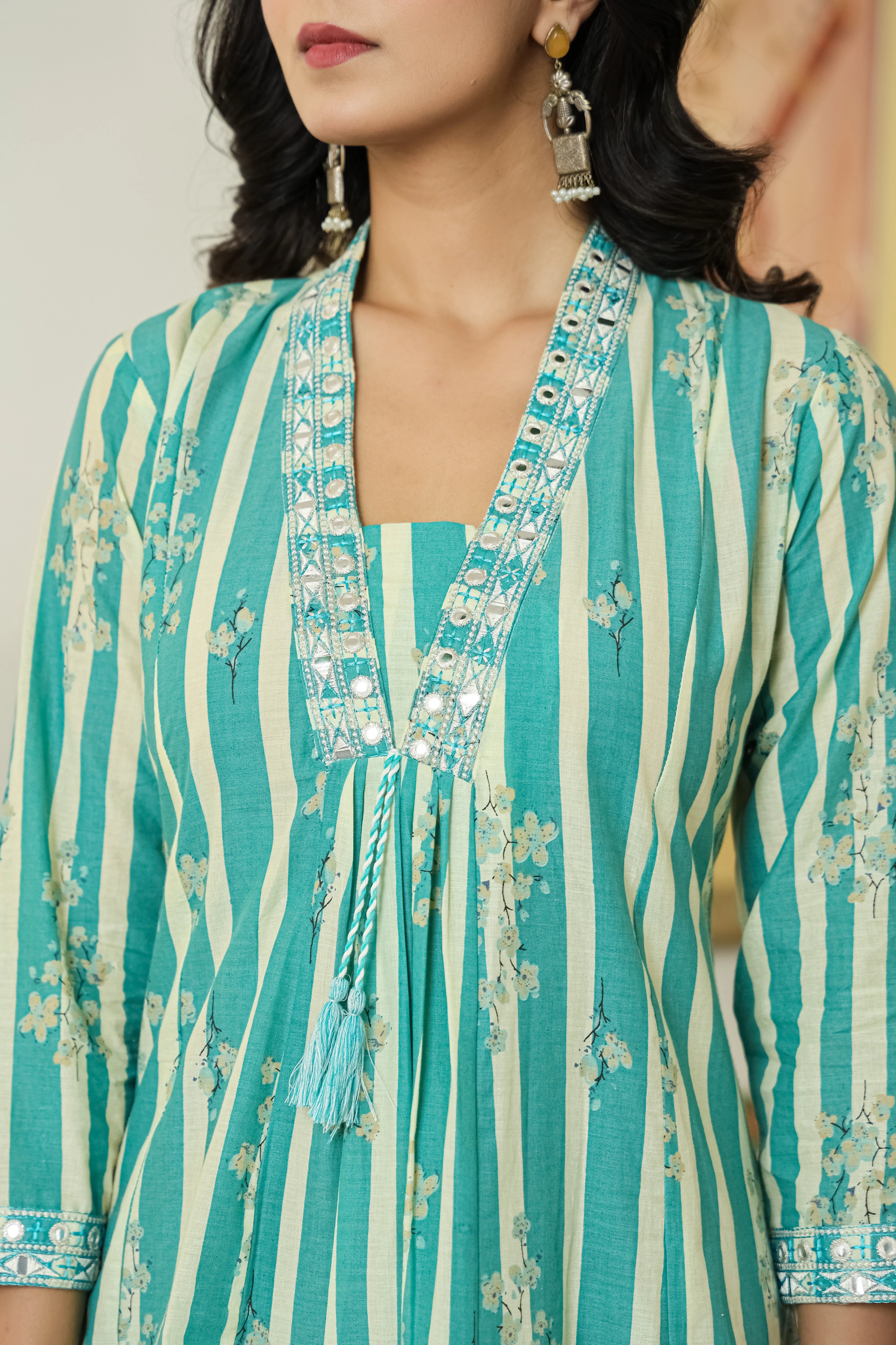Sea Green Printed Cotton A-Line Kurta Pant Dupatta Set